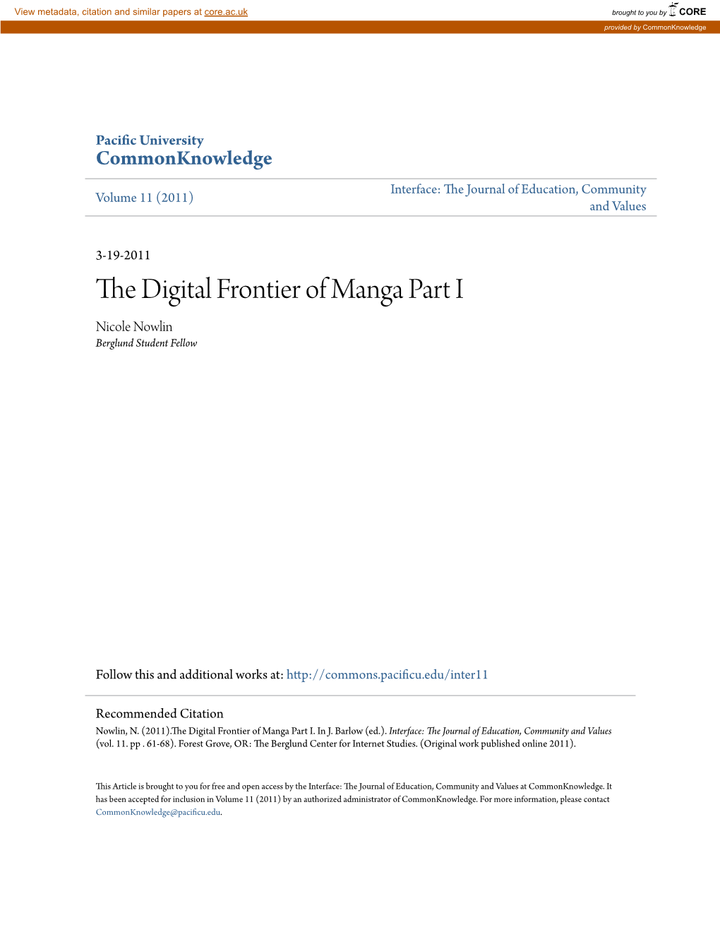 The Digital Frontier of Manga Part I Nicole Nowlin Berglund Student Fellow