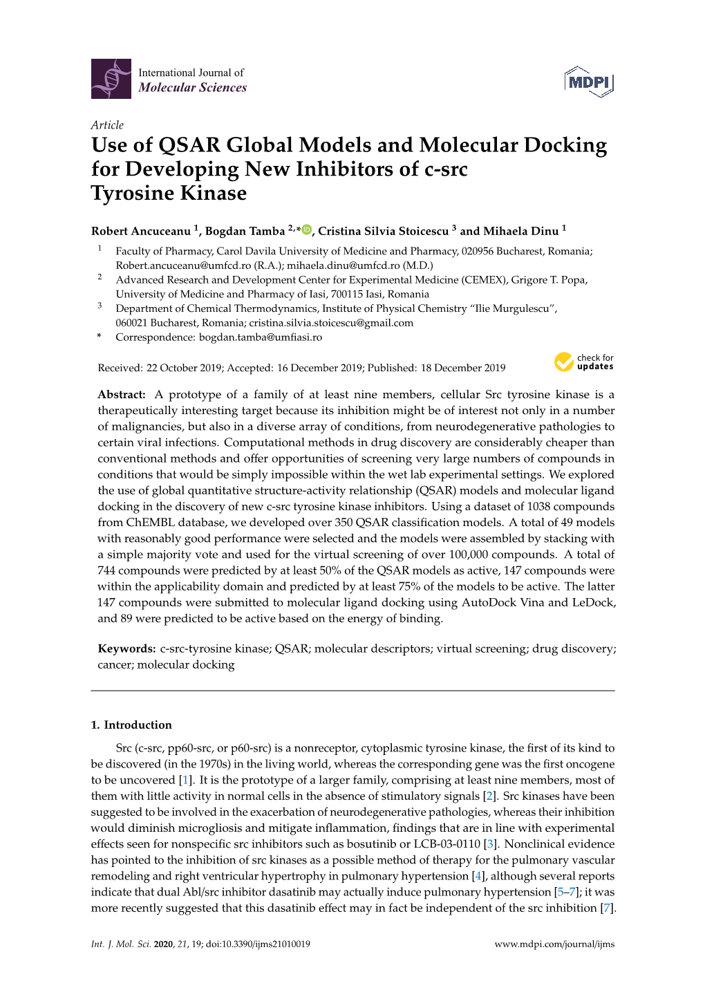 Use of QSAR Global Models and Molecular Docking for Developing New Inhibitors of C-Src Tyrosine Kinase