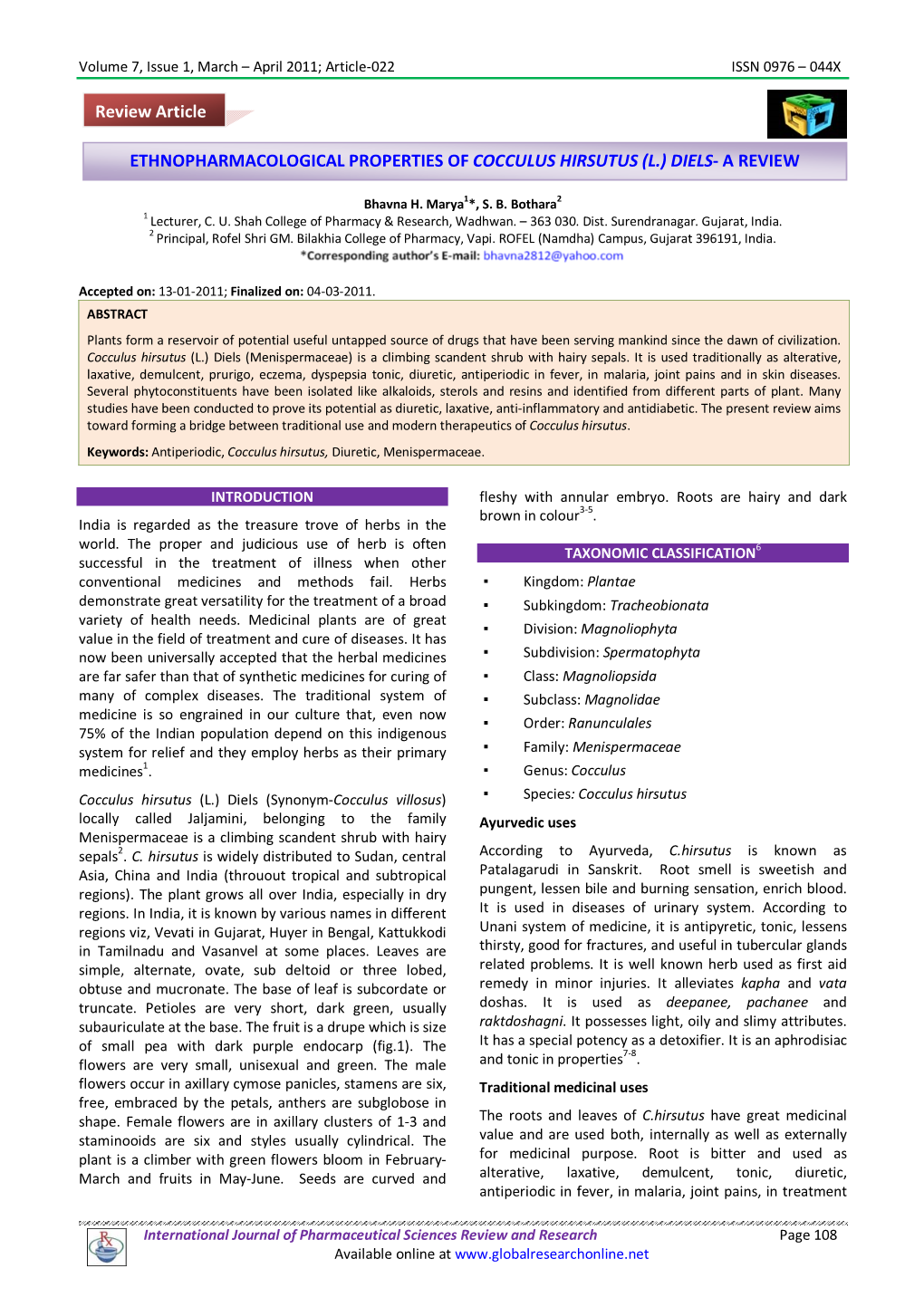 Ethnopharmacological Properties of Cocculus Hirsutus (L.) Diels- a Review