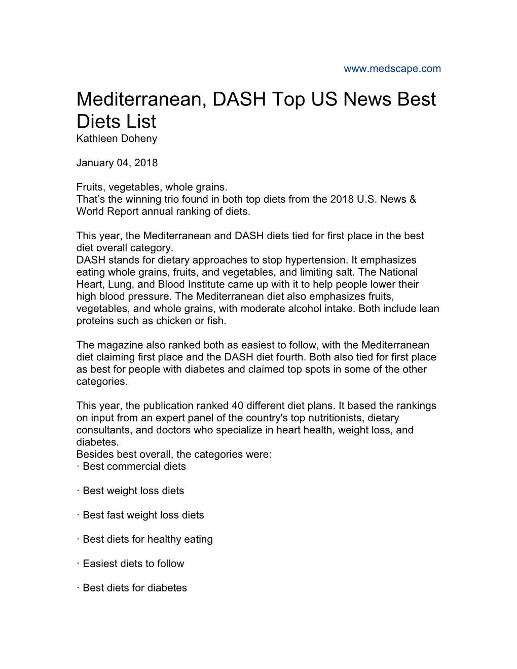 Mediterranean, DASH Top US News Best Diets List Kathleen Doheny