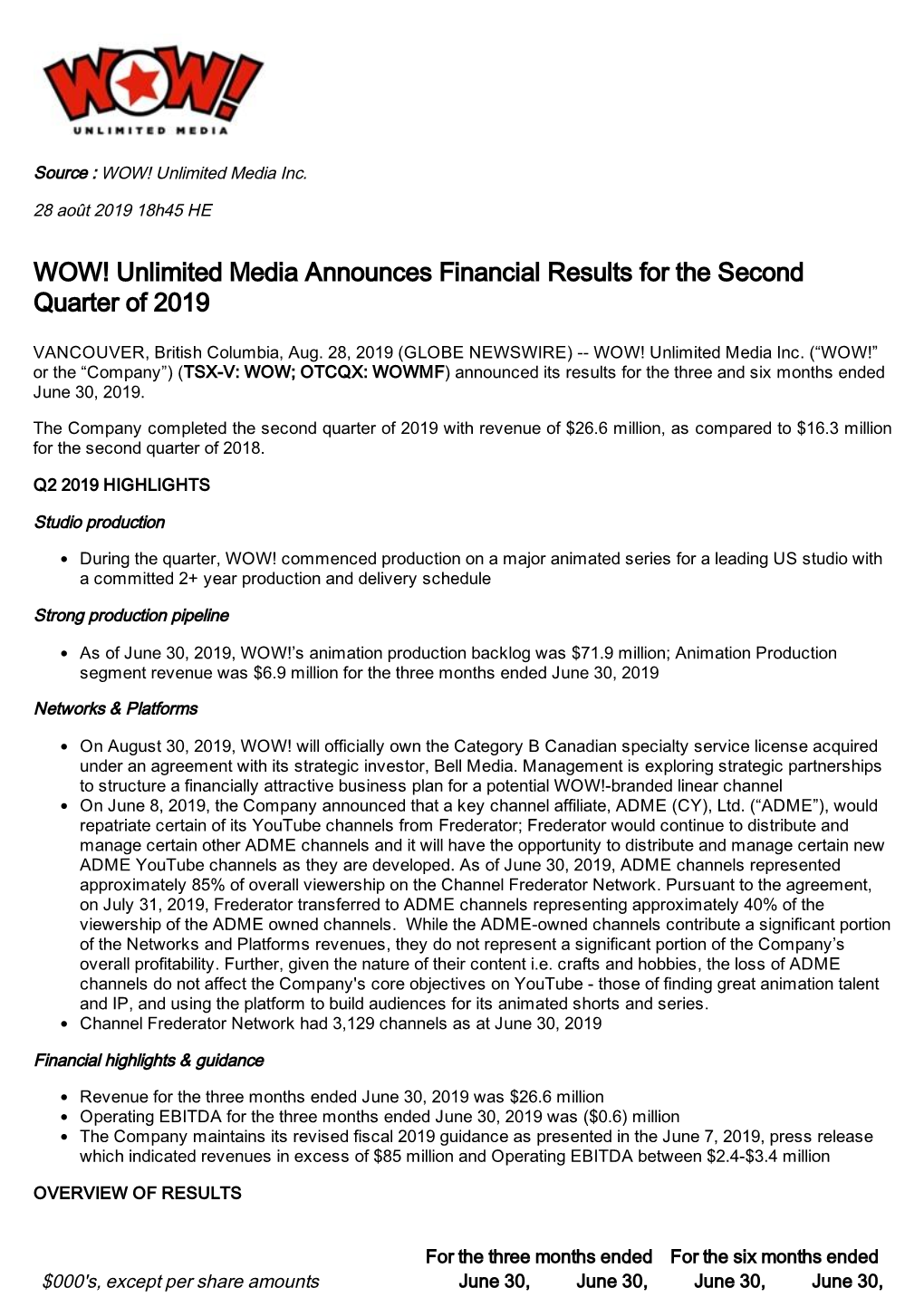 WOW! Unlimited Media Announces Financial Results for the Second Quarter of 2019