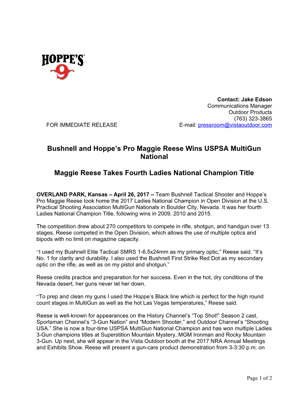 Bushnell and Hoppe S Pro Maggie Reese Wins USPSA Multigun National