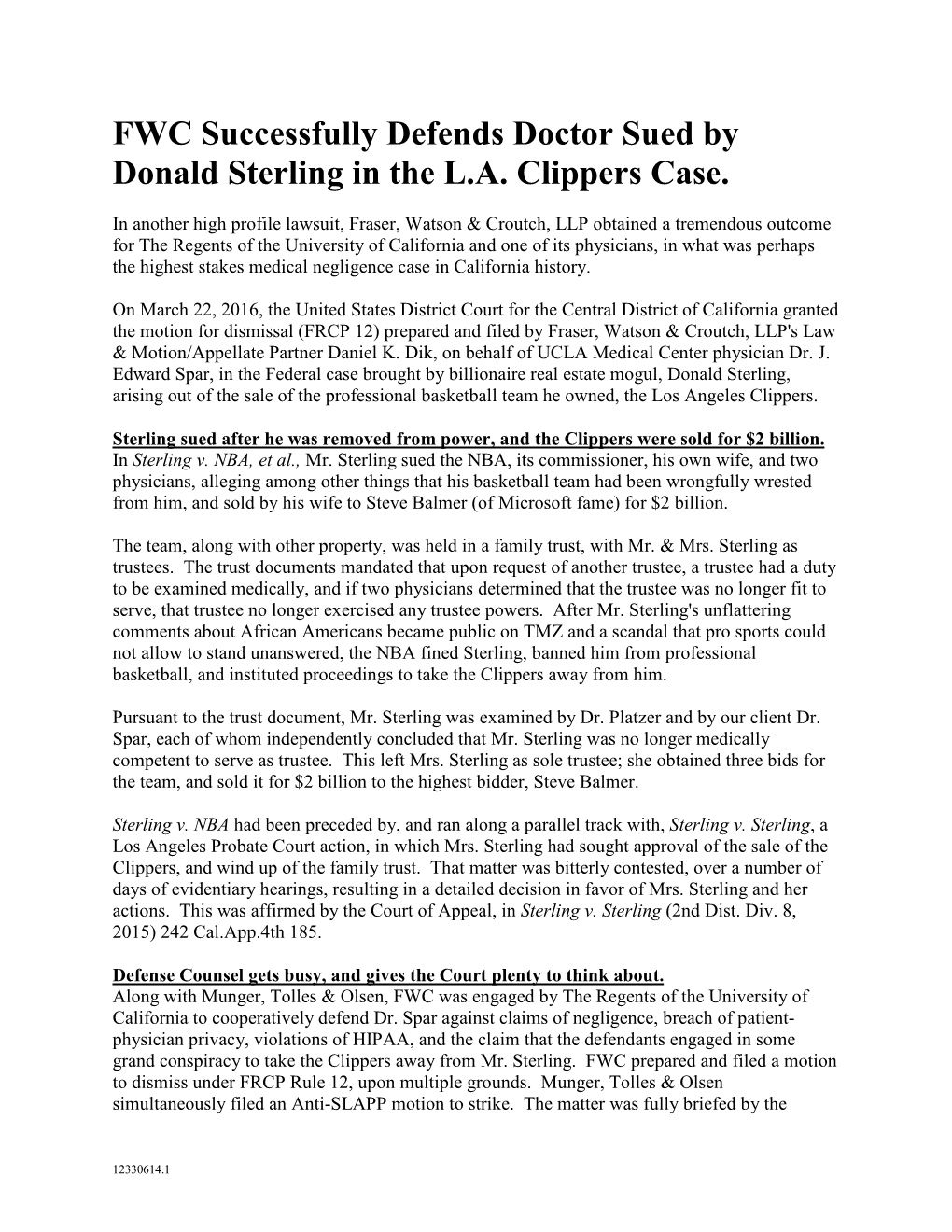 FWC Successfully Defends Doctor Sued by Donald Sterling in the L.A. Clippers Case