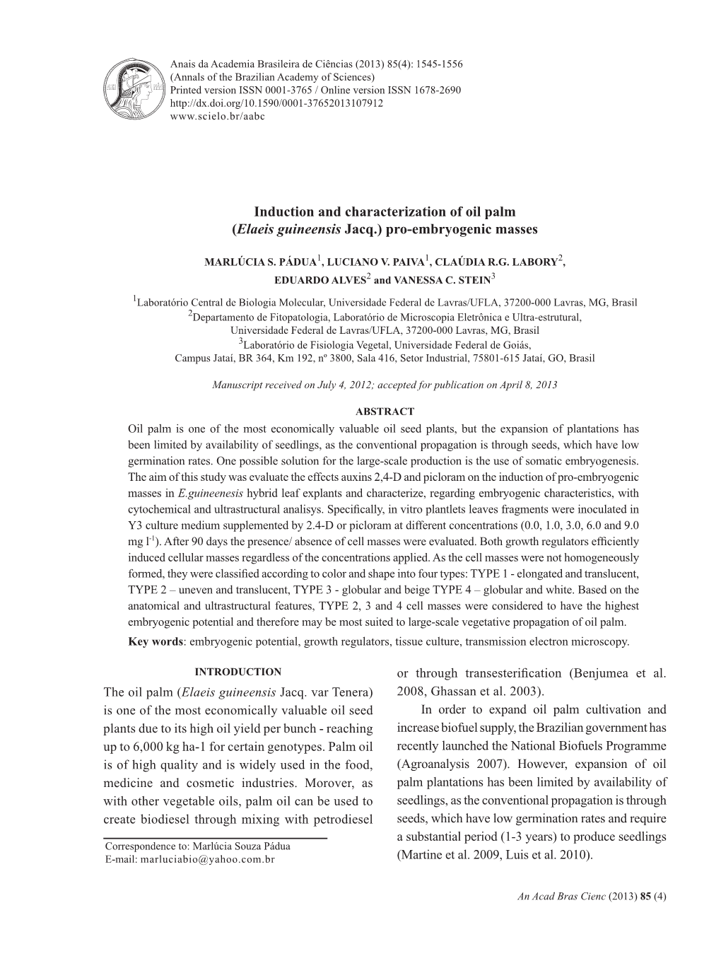 Induction and Characterization of Oil Palm (Elaeis Guineensis Jacq.) Pro-Embryogenic Masses