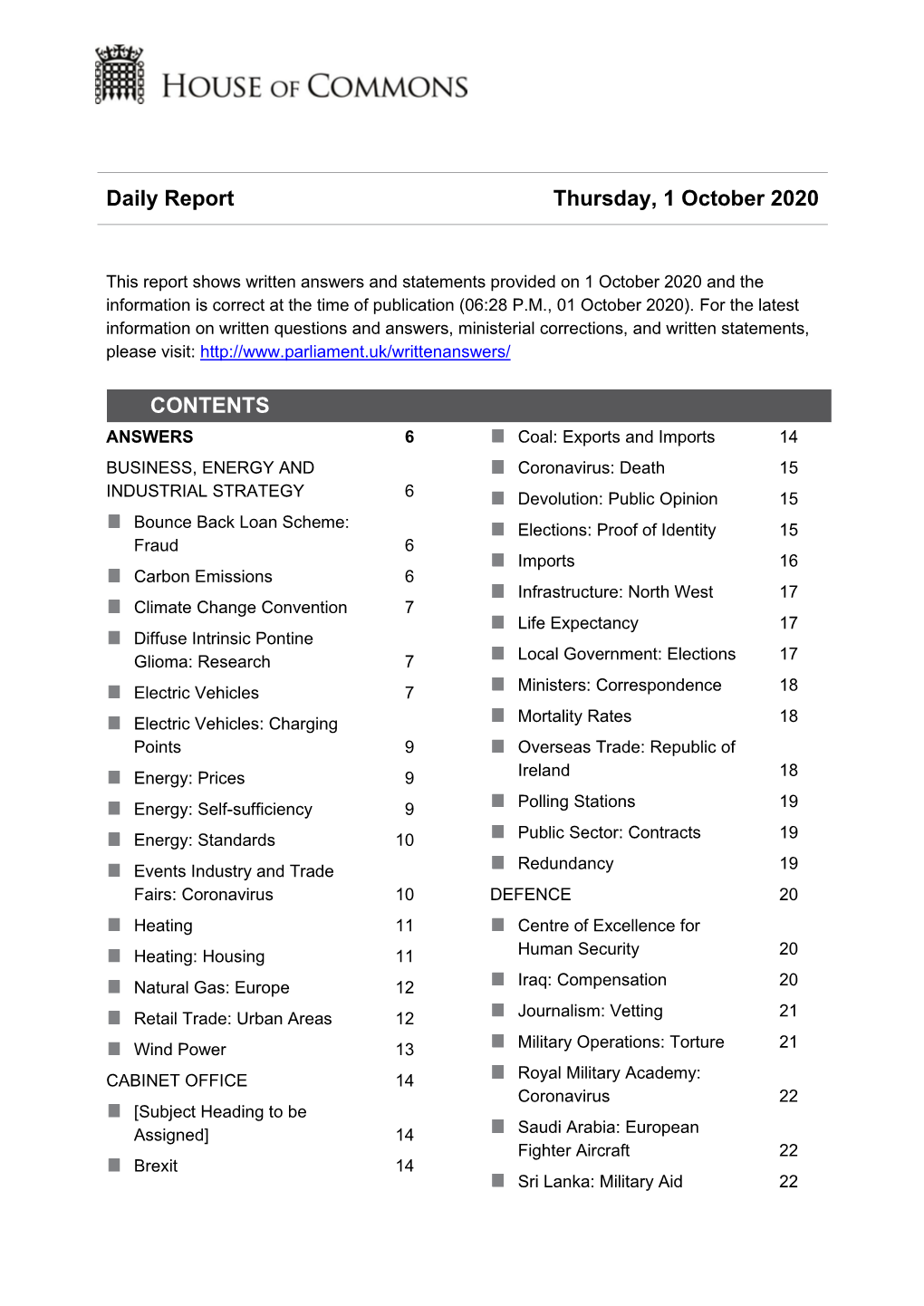 Daily Report Thursday, 1 October 2020 CONTENTS