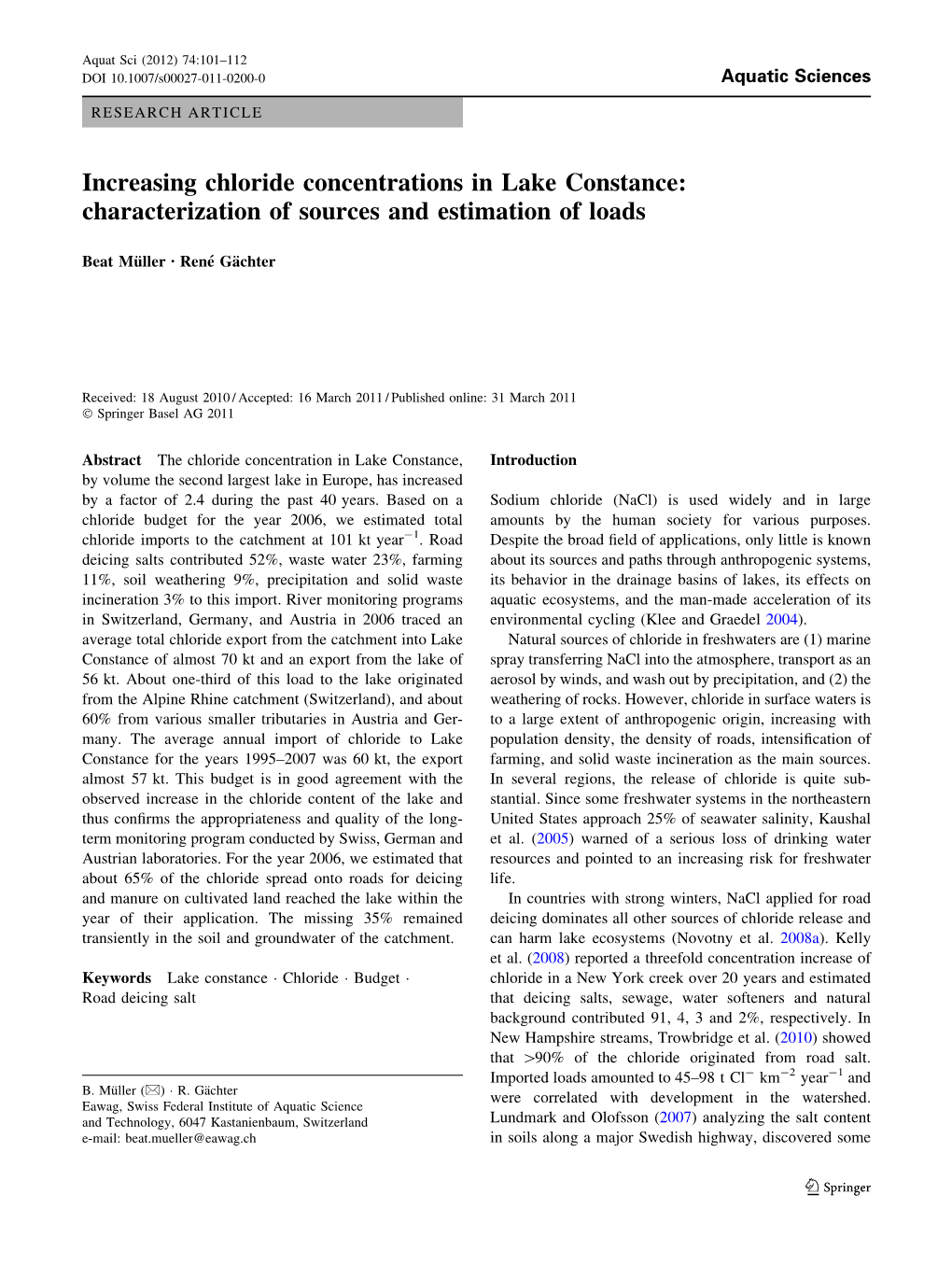 Increasing Chloride Concentrations in Lake Constance: Characterization of Sources and Estimation of Loads