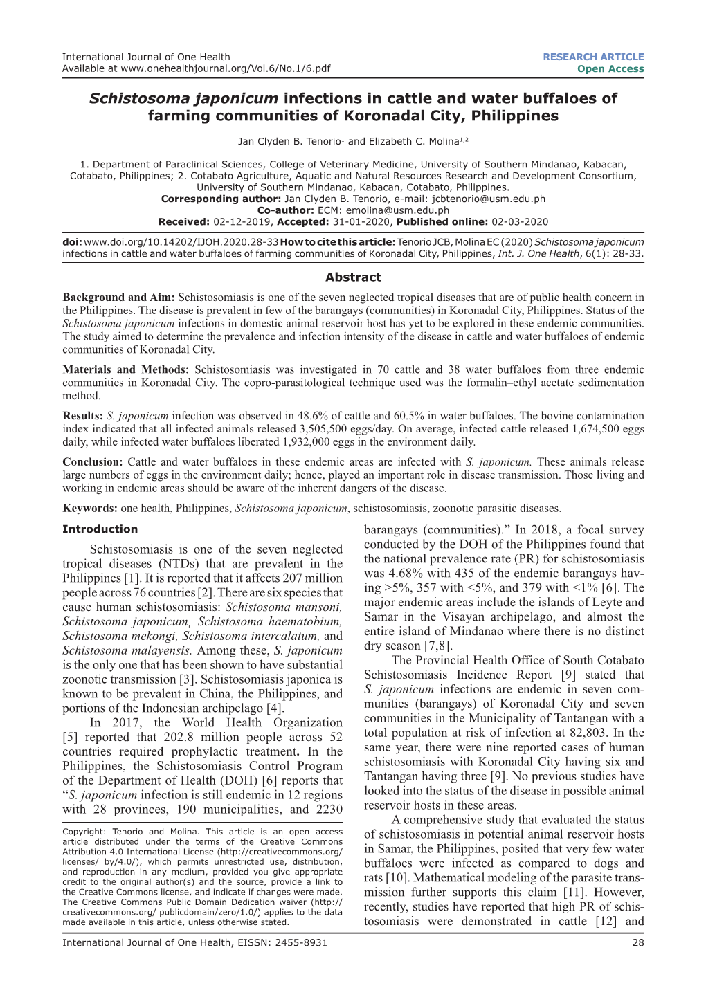 Schistosoma Japonicum Infections in Cattle and Water Buffaloes of Farming Communities of Koronadal City, Philippines