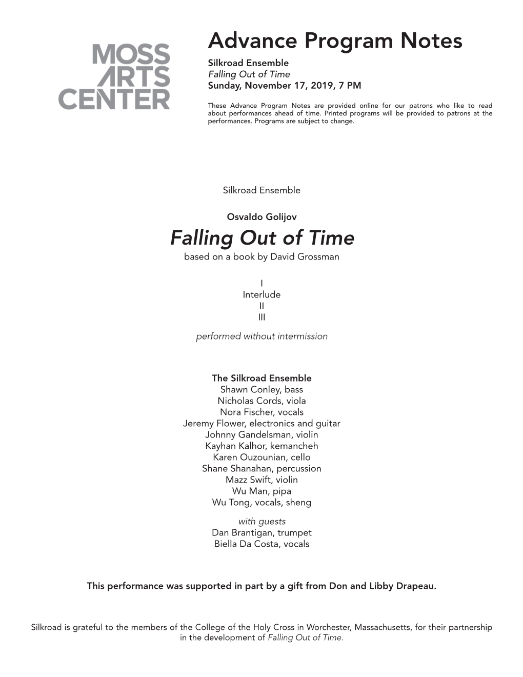 Advance Program Notes Silkroad Ensemble Falling out of Time Sunday, November 17, 2019, 7 PM