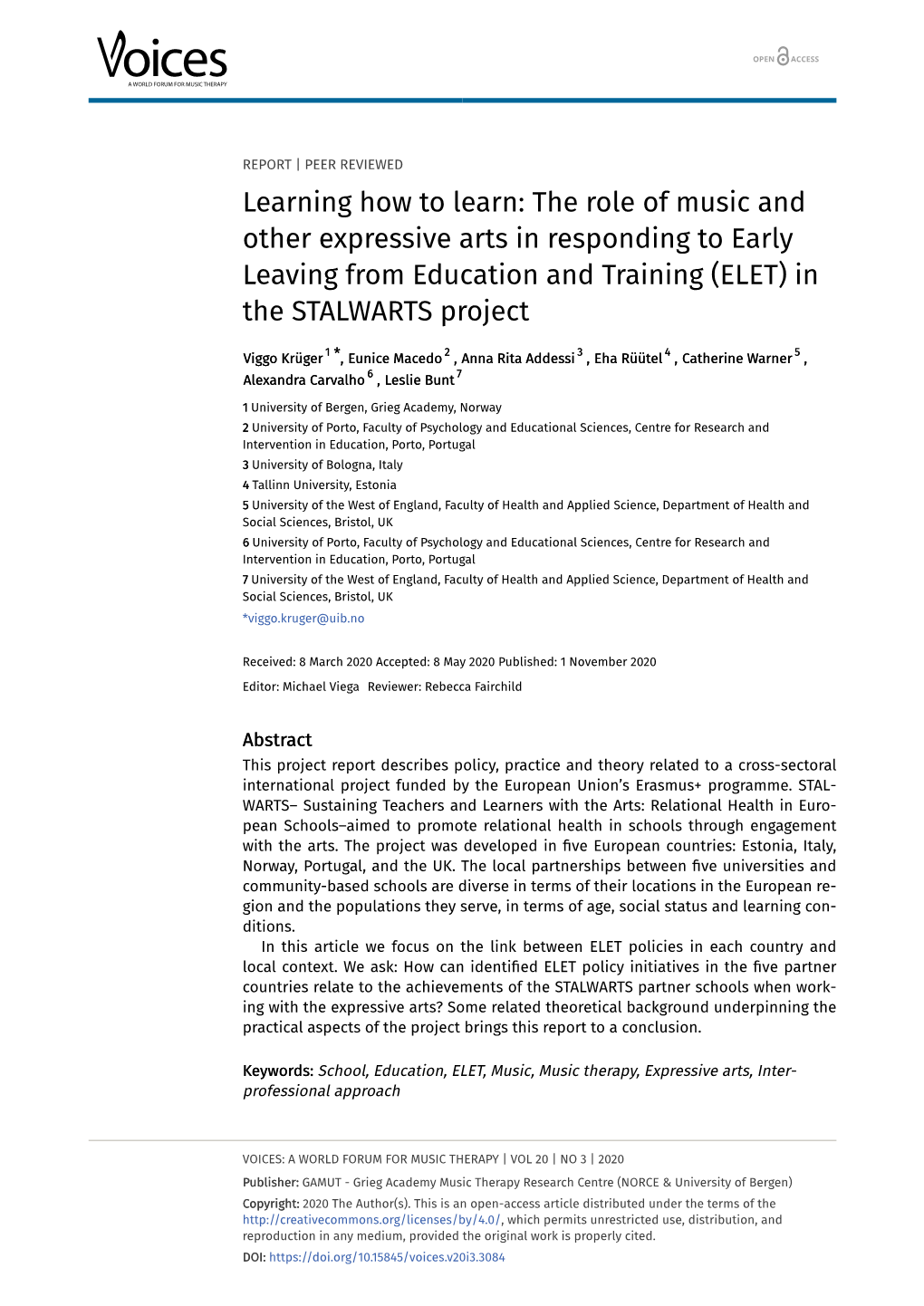 Learning How to Learn: the Role of Music and Other Expressive Arts in Responding to Early Leaving from Education and Training (ELET) in the STALWARTS Project