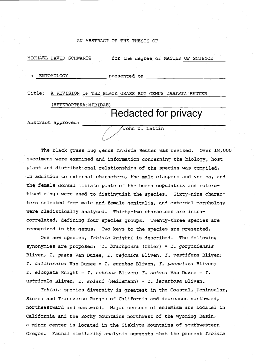 HETEROPTERA:MIRIDAE) Redacted for Privacy Abstract Approved: John D