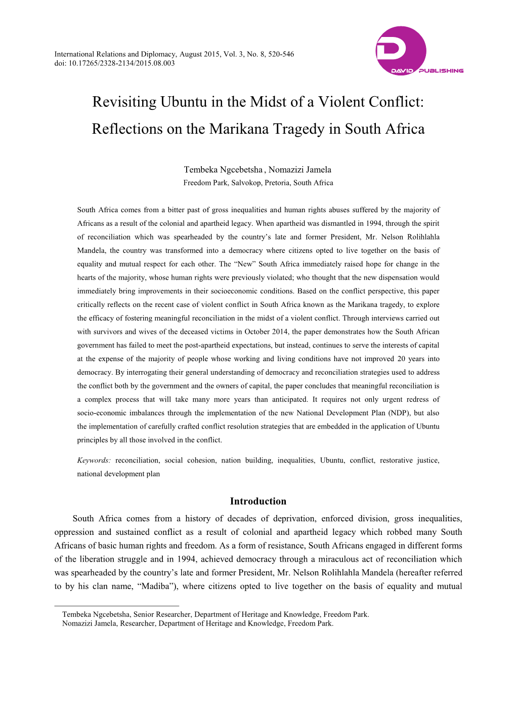 Revisiting Ubuntu in the Midst of a Violent Conflict: Reflections on the Marikana Tragedy in South Africa