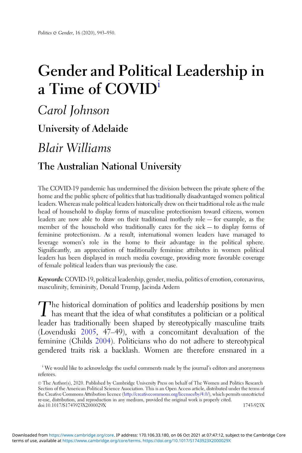 Gender and Political Leadership in a Time of Covidi Carol Johnson University of Adelaide Blair Williams the Australian National University