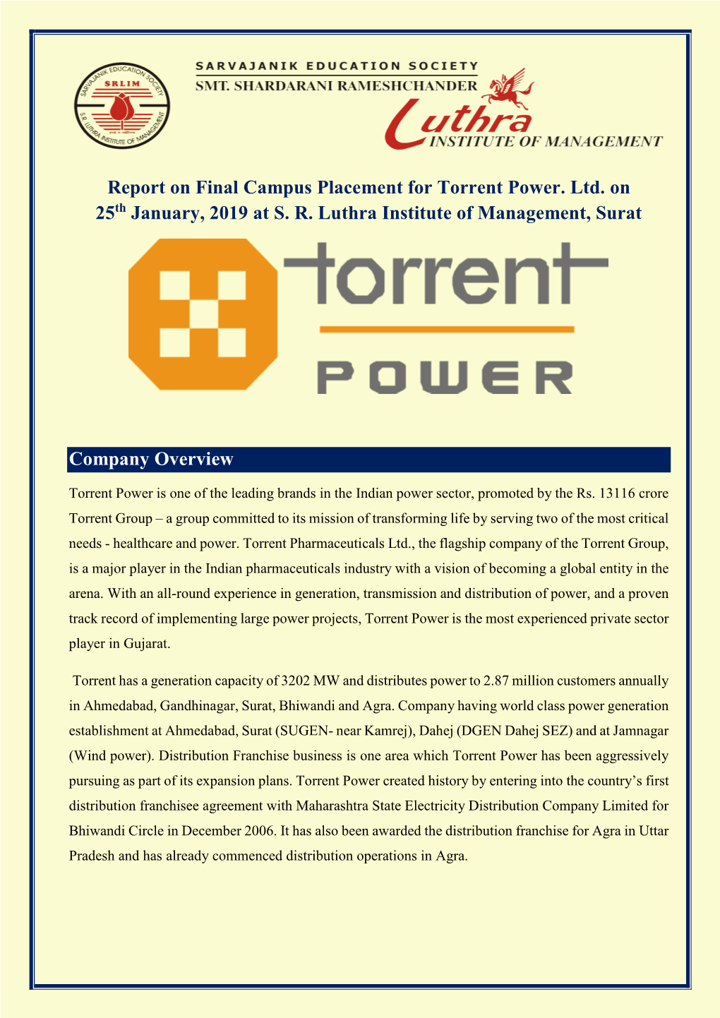 Report on Final Campus Placement for Torrent Power. Ltd. on 25Th January, 2019 at S. R. Luthra Institute of Management, Surat