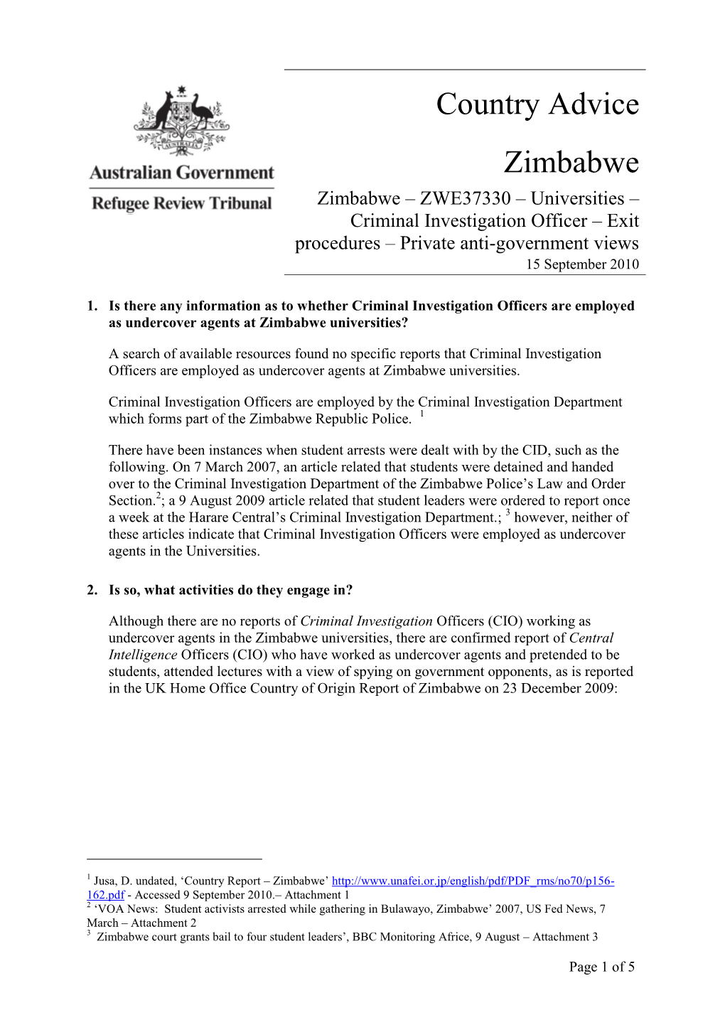 Country Advice Zimbabwe Zimbabwe – ZWE37330 – Universities –