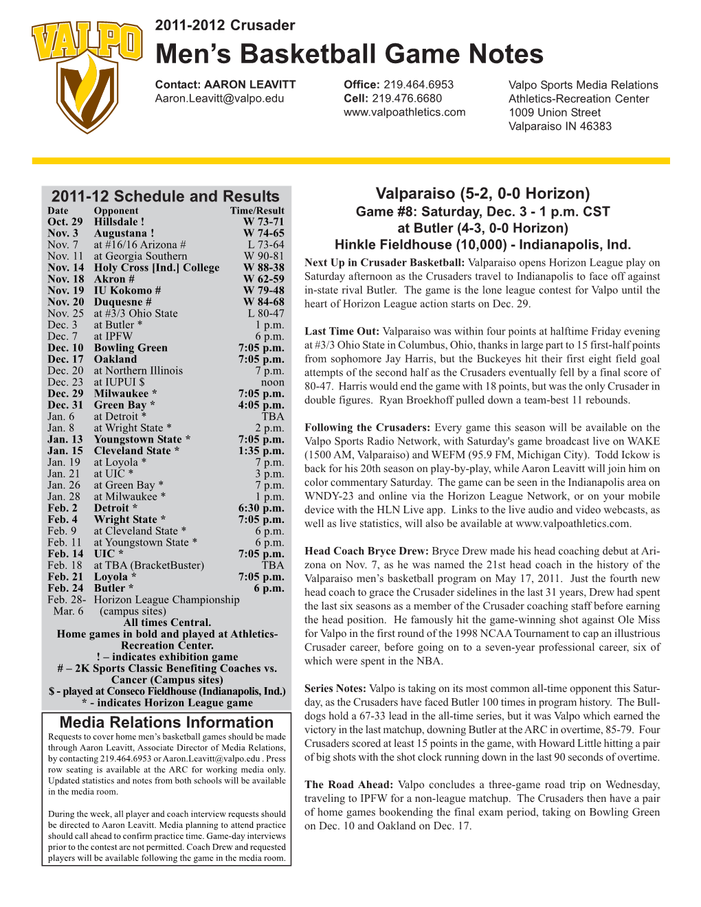 Men's Basketball Game Notes