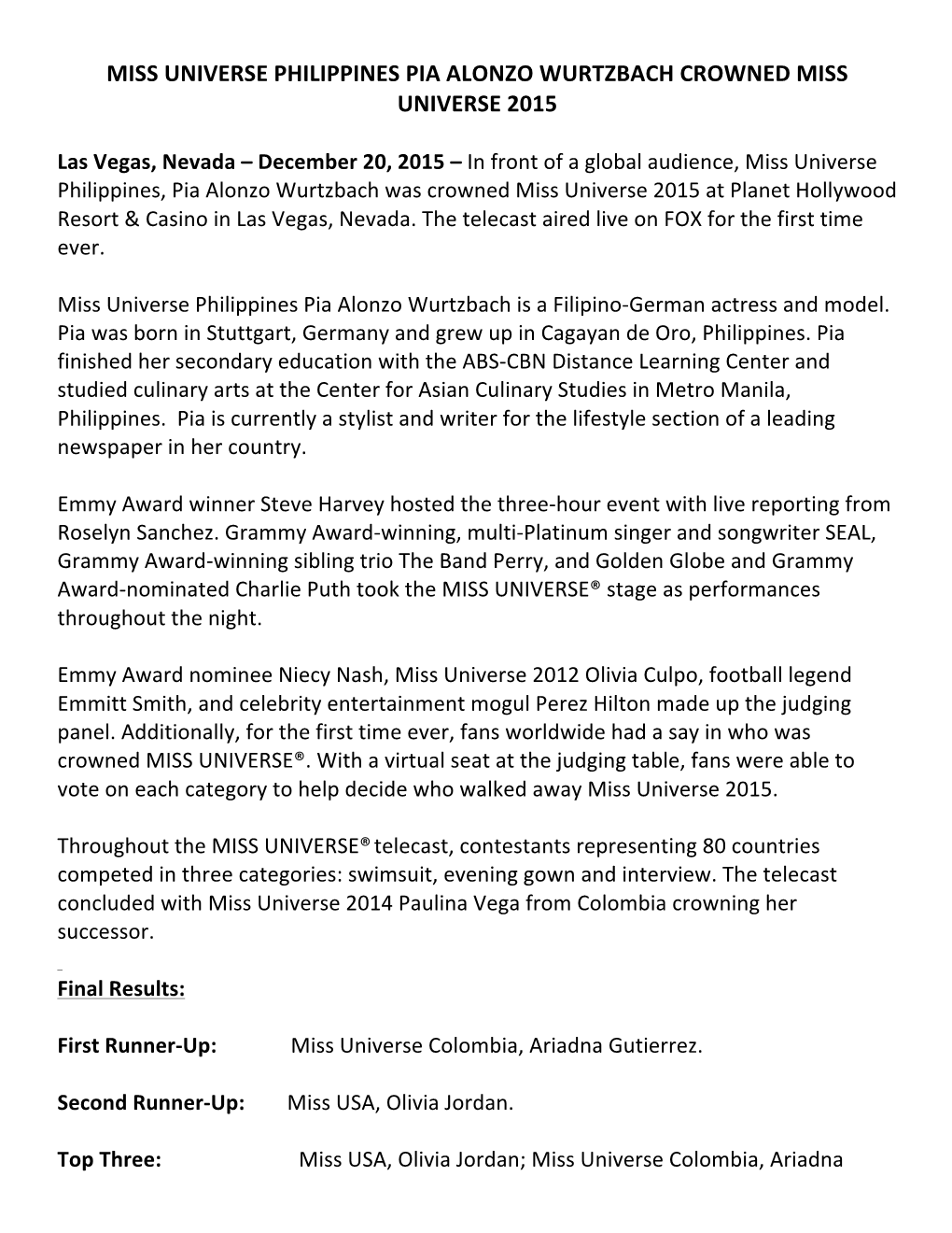 Miss Universe Philippines Pia Alonzo Wurtzbach Crowned Miss Universe 2015