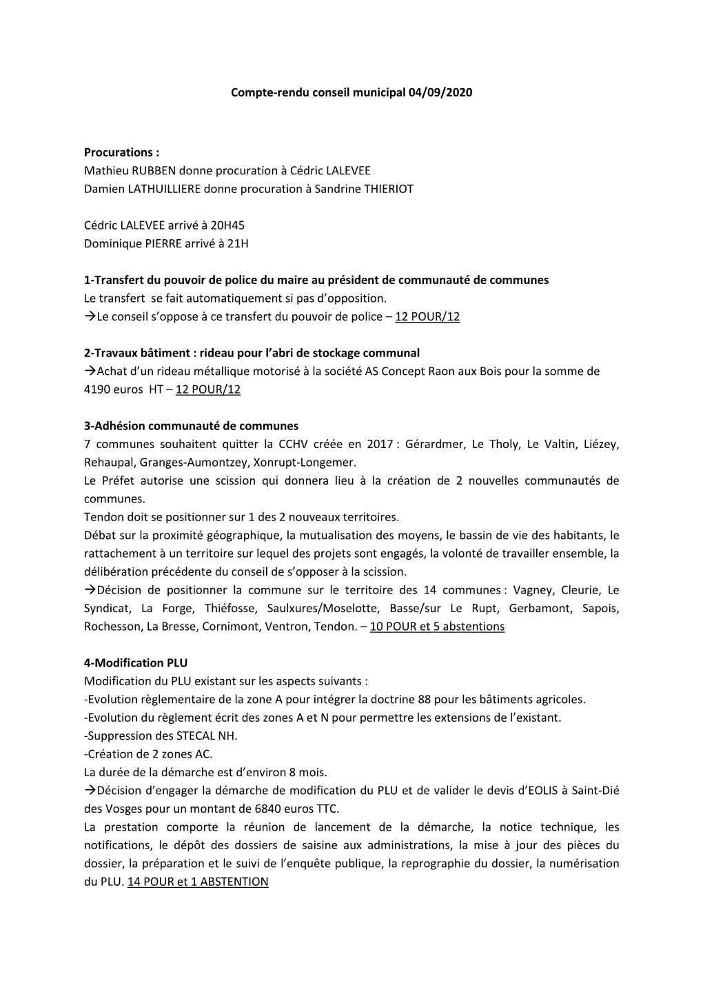 Compte-Rendu Conseil Municipal 04/09/2020 Procurations