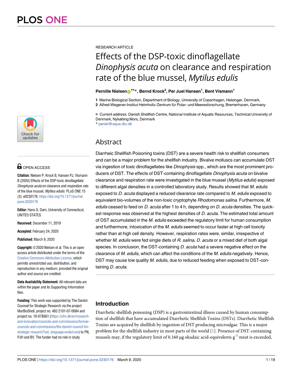 Effects of the DSP-Toxic Dinoflagellate Dinophysis Acuta on Clearance and Respiration Rate of the Blue Mussel, Mytilus Edulis