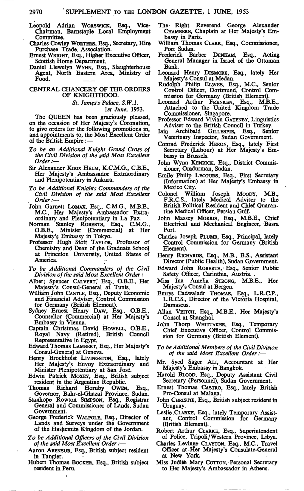 2970 Supplement to the London Gazette, 1 June, 1953