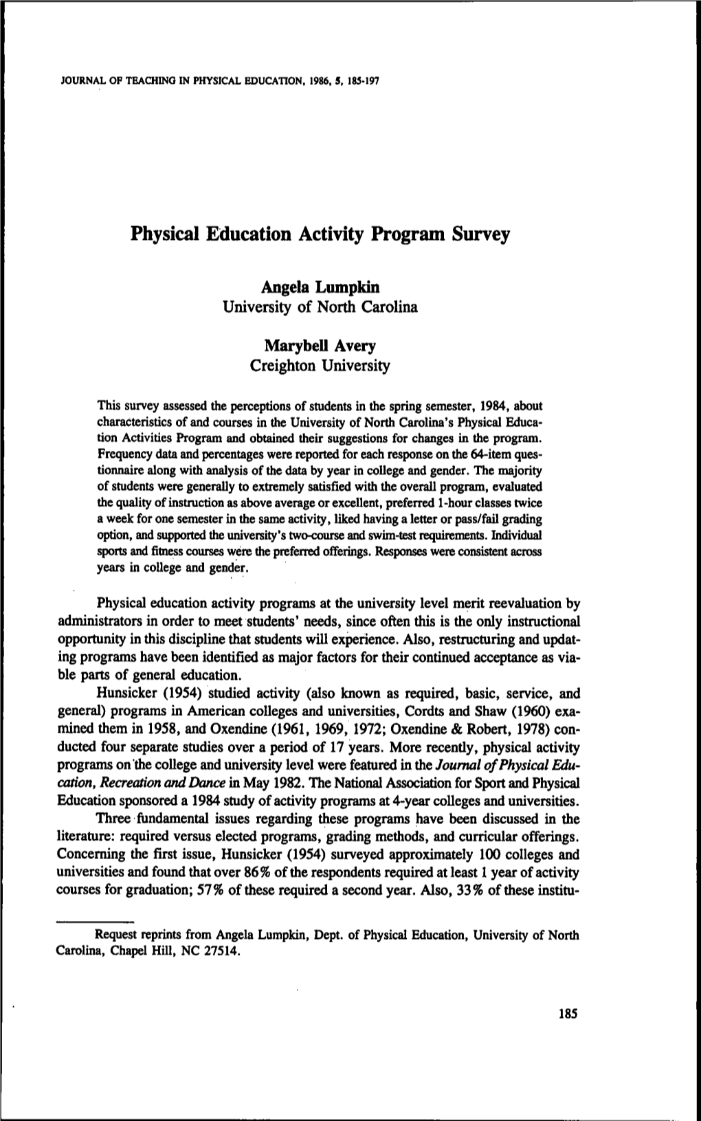 Physical Education Activity Program Survey