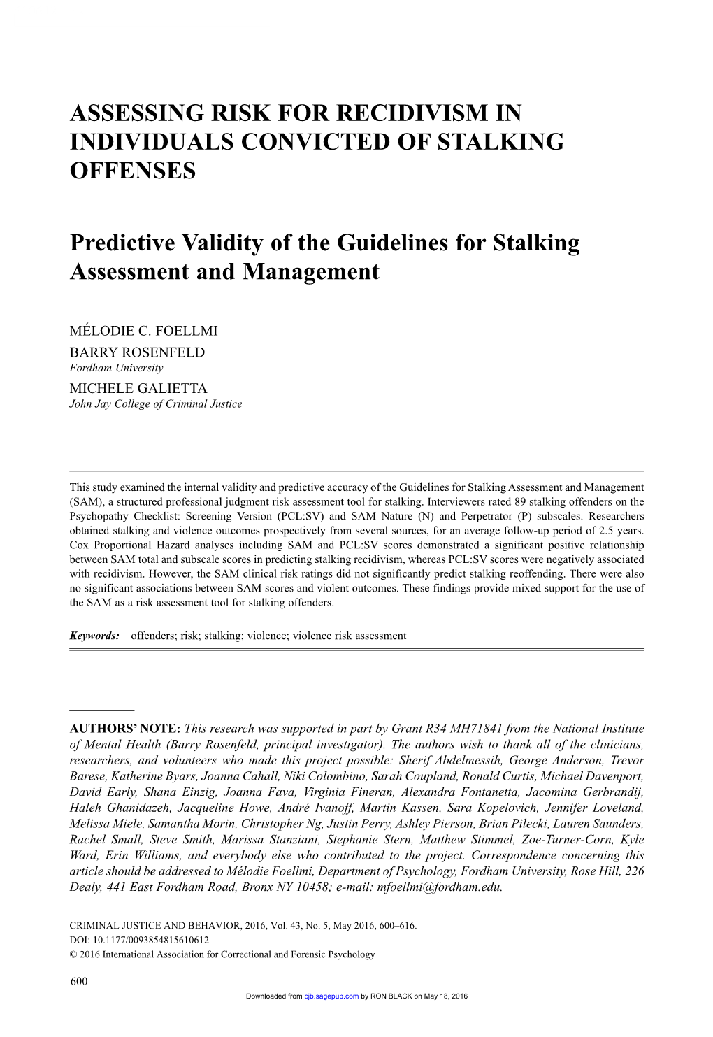 Assessing Risk for Recidivism in Individuals Convicted of Stalking Offenses