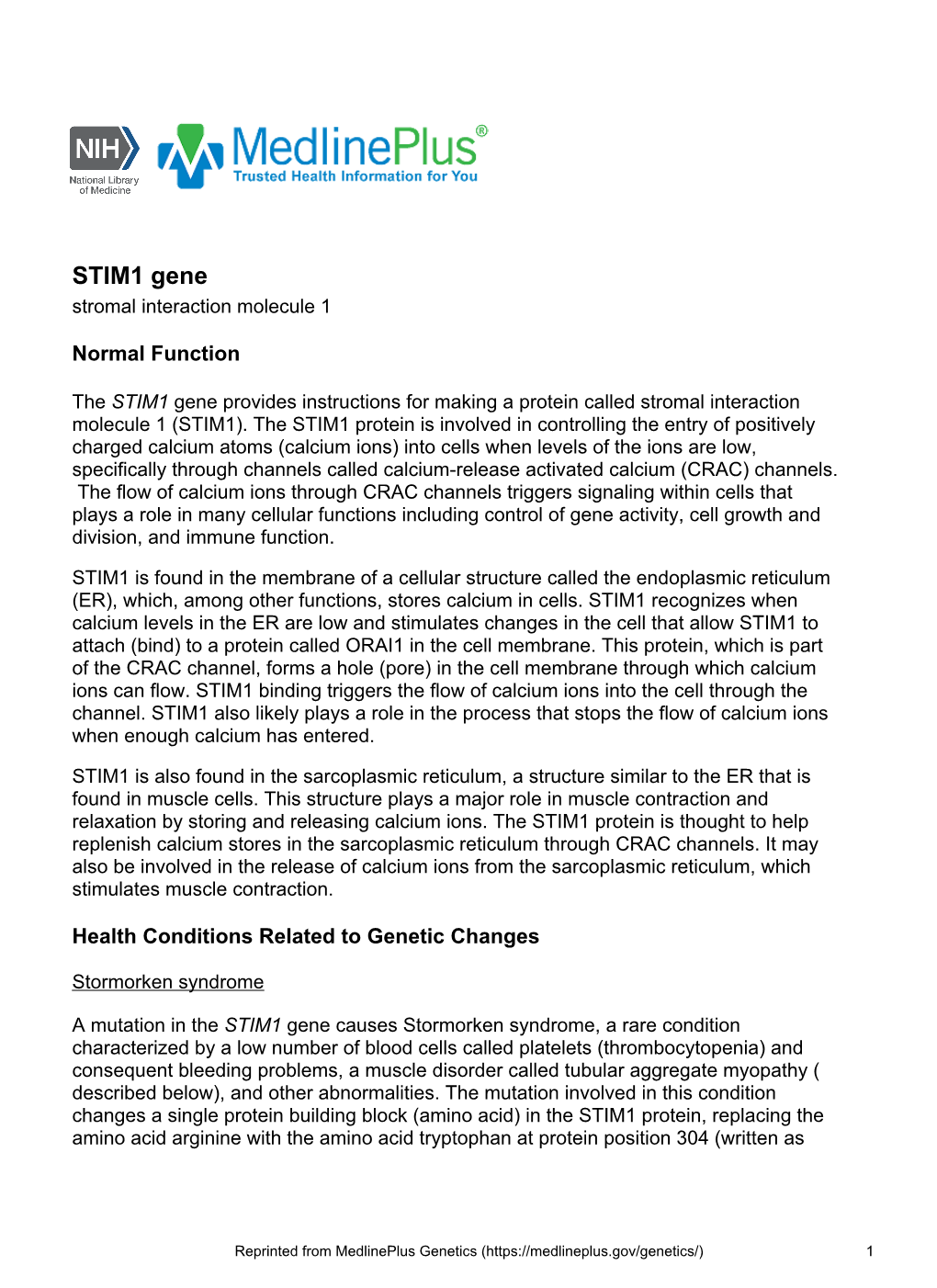 STIM1 Gene Stromal Interaction Molecule 1