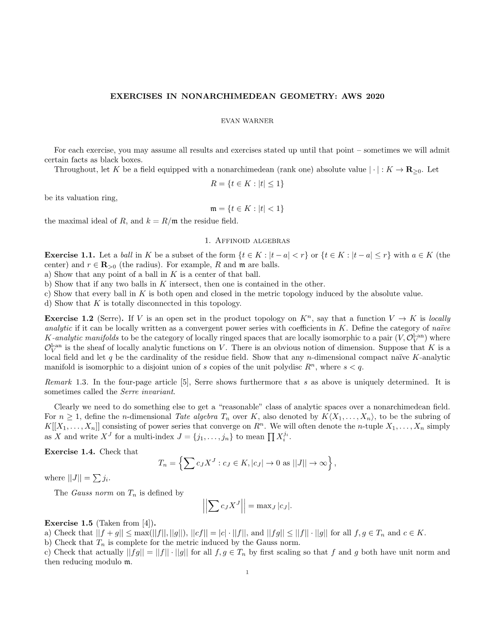 EXERCISES in NONARCHIMEDEAN GEOMETRY: AWS 2020 for Each