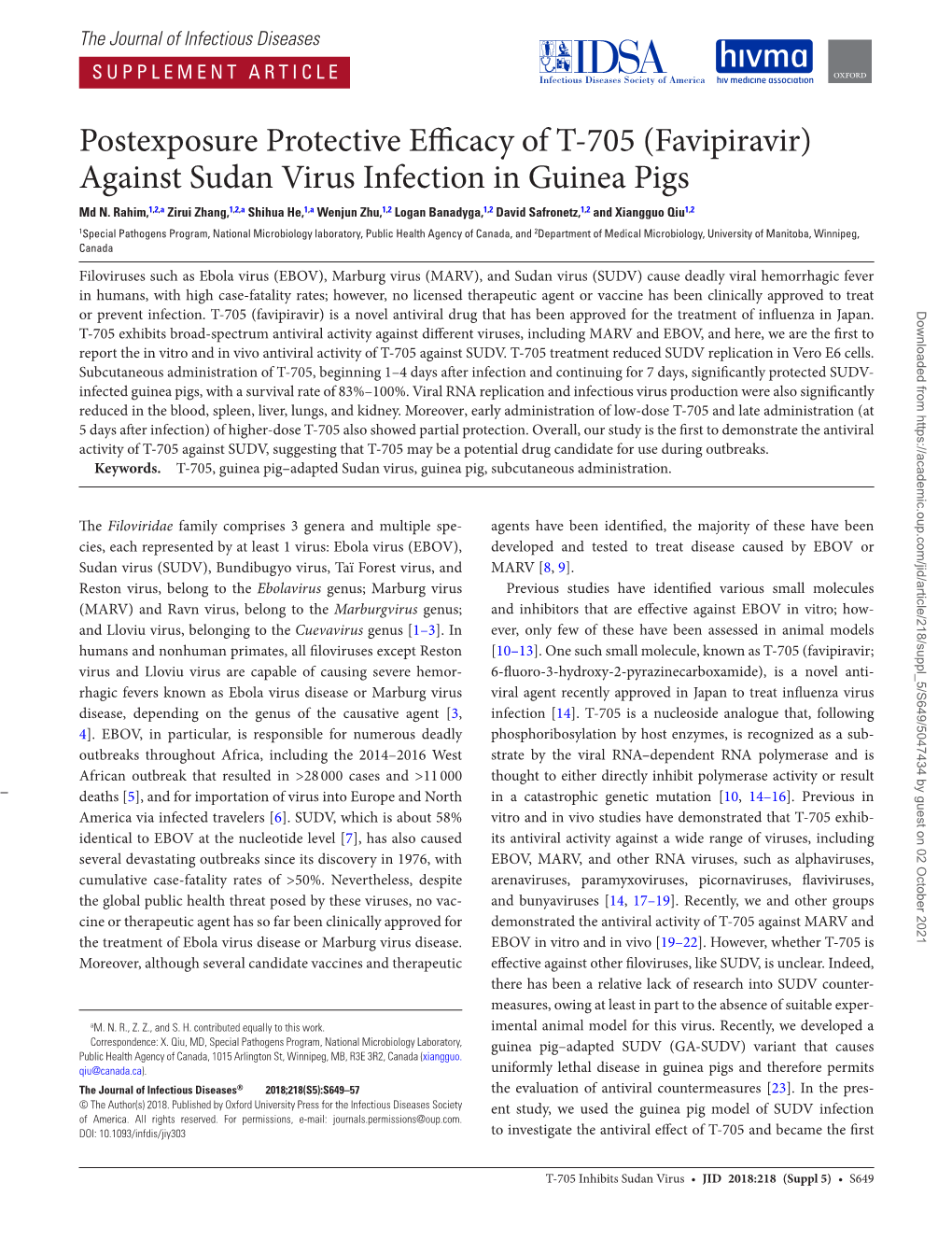 Postexposure Protective Efficacy of T-705 (Favipiravir) Against Sudan Virus Infection in Guinea Pigs Md N