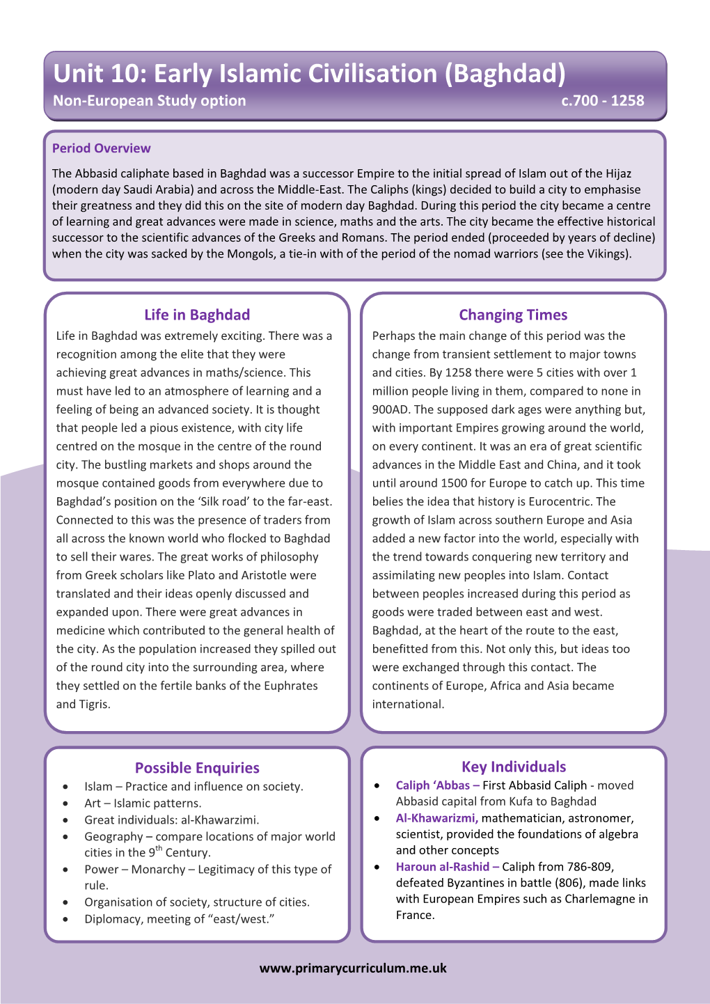 Unit 10: Early Islamic Civilisation (Baghdad) Non-European Study Option C.700 - 1258