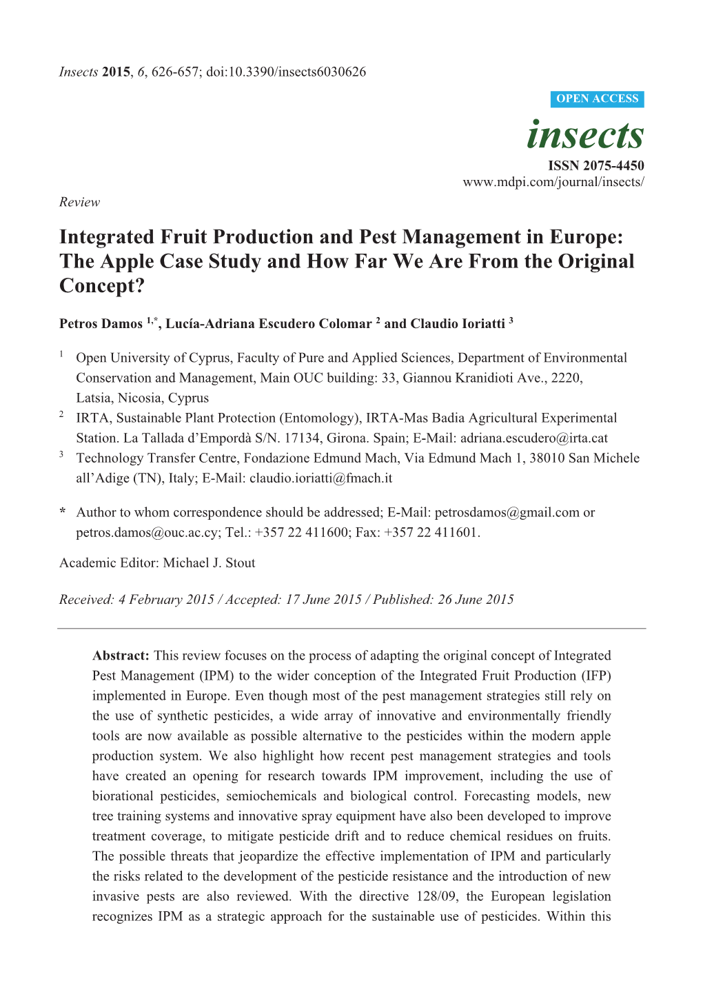 Integrated Fruit Production and Pest Management in Europe: the Apple Case Study and How Far We Are from the Original Concept?