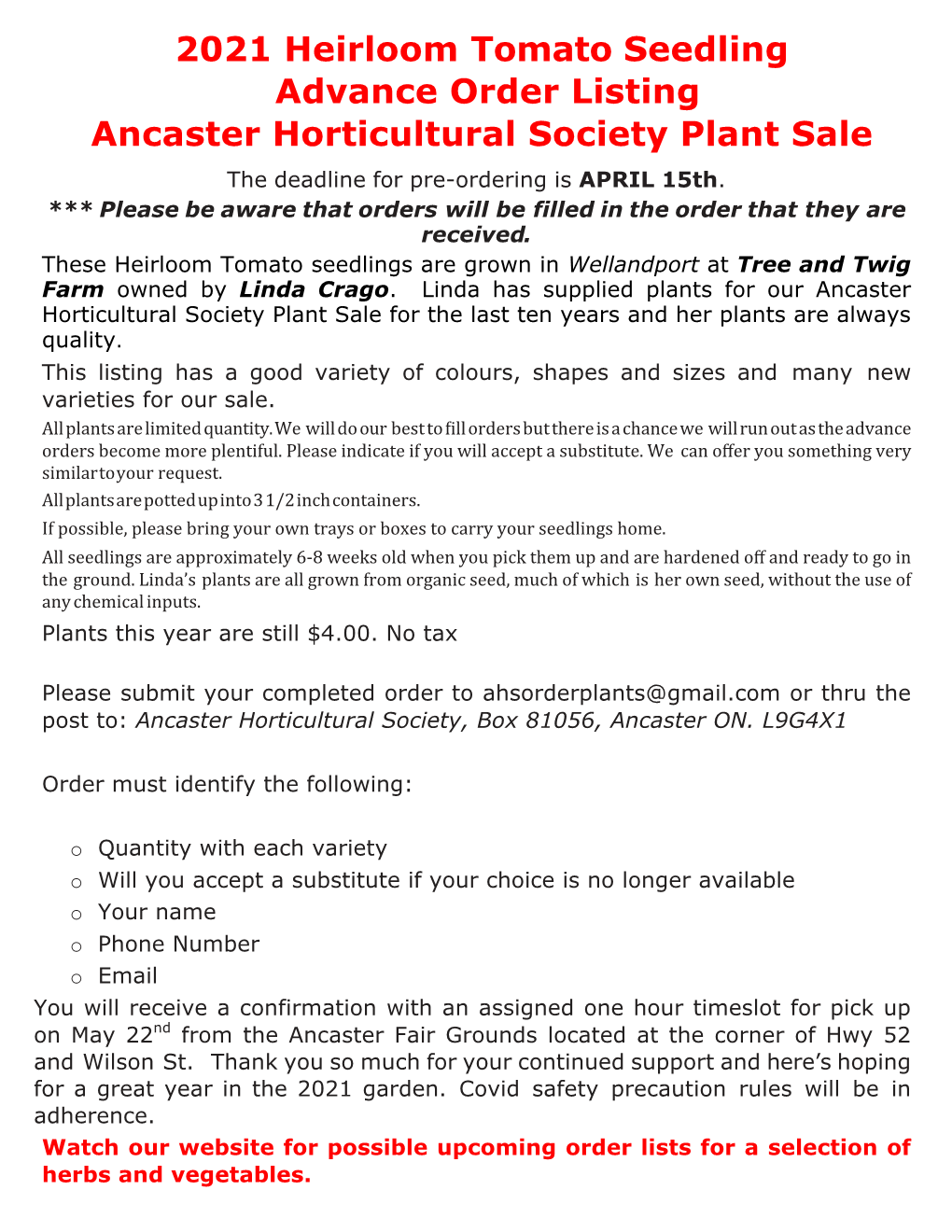 2021 Heirloom Tomato Seedling Advance Order Listing Ancaster Horticultural Society Plant Sale the Deadline for Pre-Ordering Is APRIL 15Th