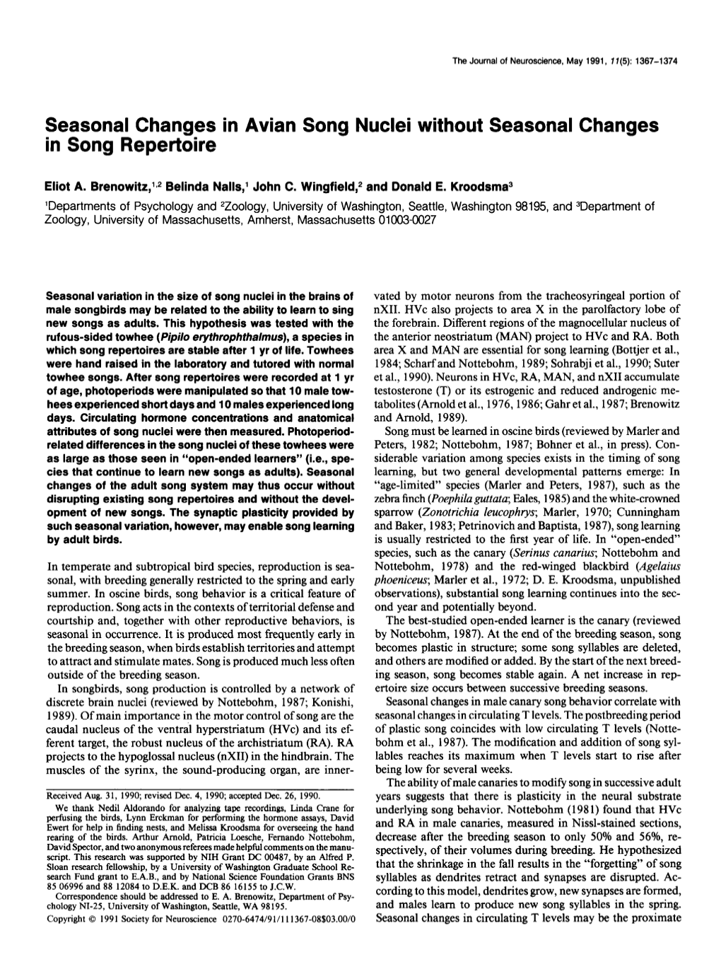 Seasonal Changes in Song Repertoire Song Without Seasonal