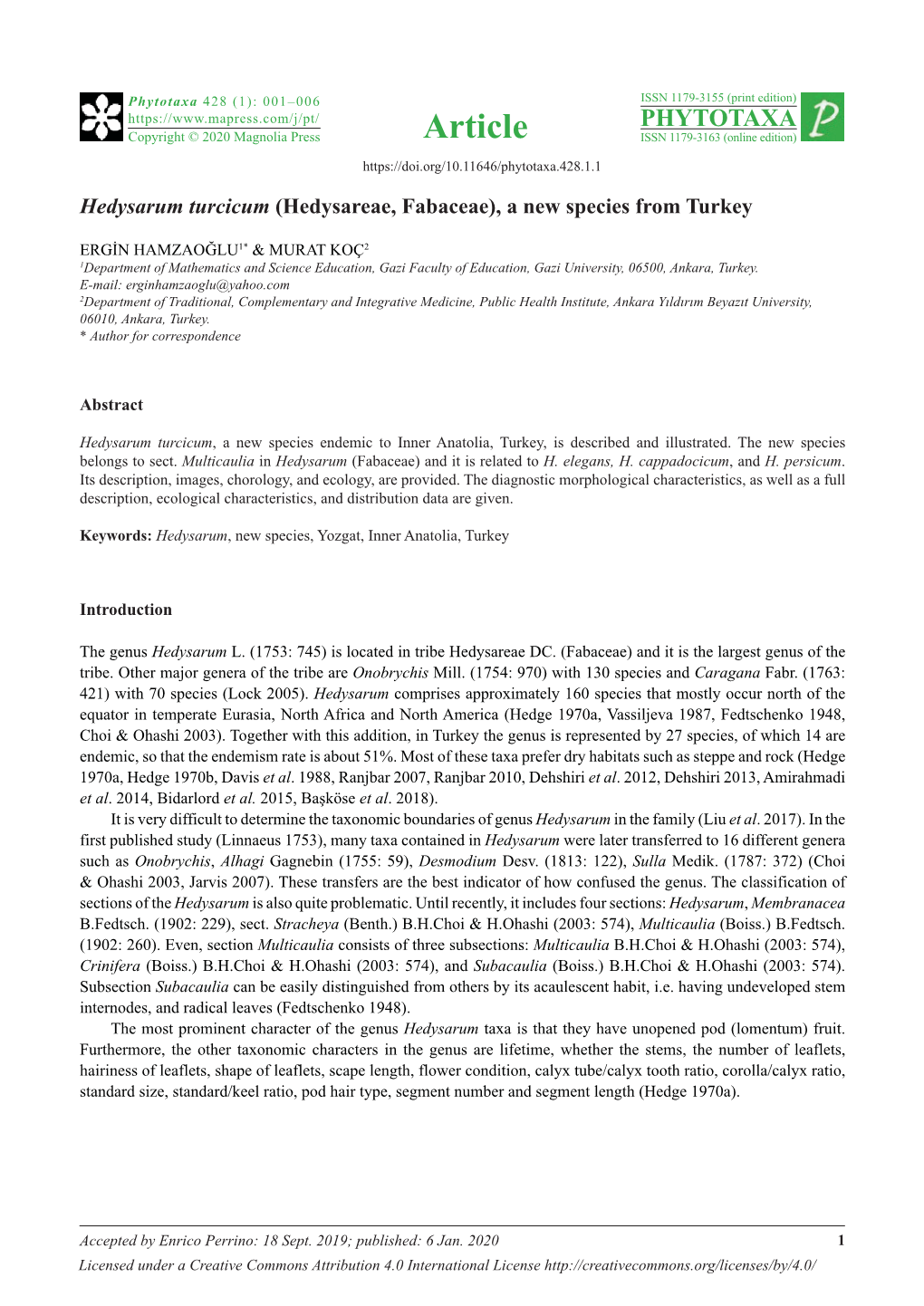 Hedysarum Turcicum (Hedysareae, Fabaceae), a New Species from Turkey