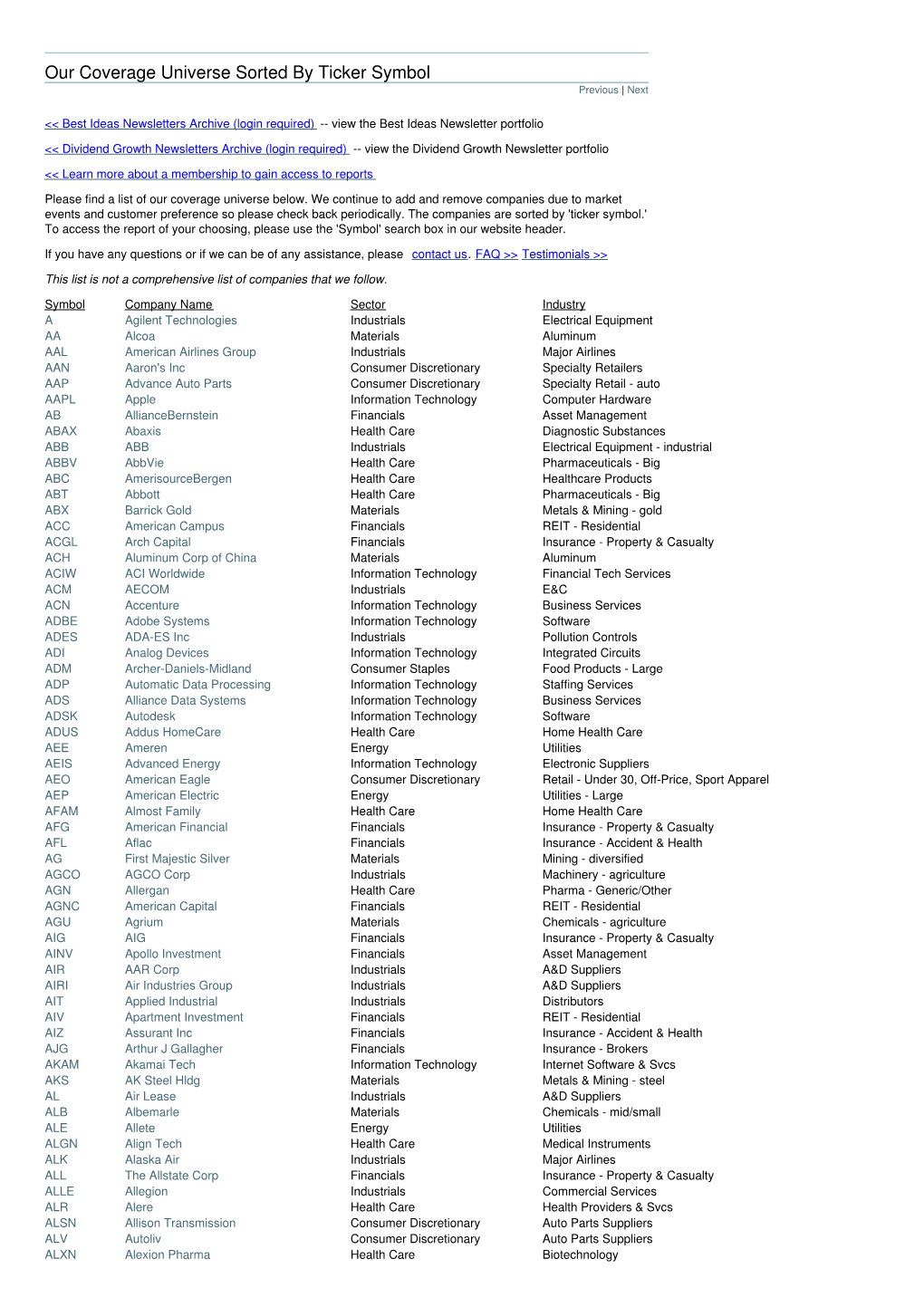Our Coverage Universe Sorted by Ticker Symbol Previous | Next
