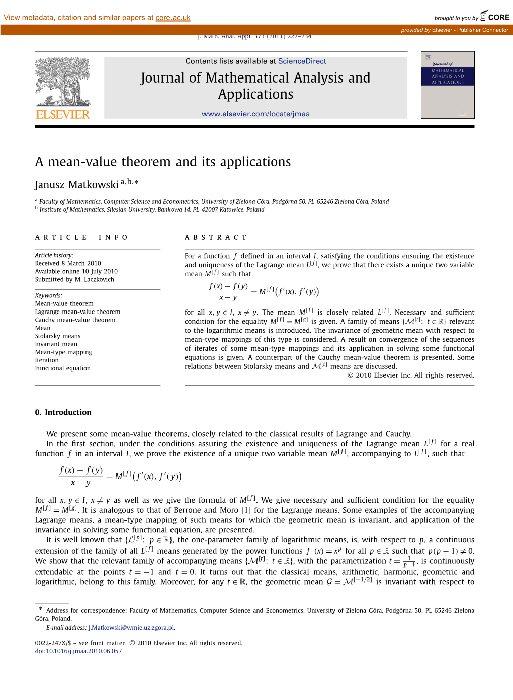 A Mean-Value Theorem and Its Applications ∗ Janusz Matkowski A,B