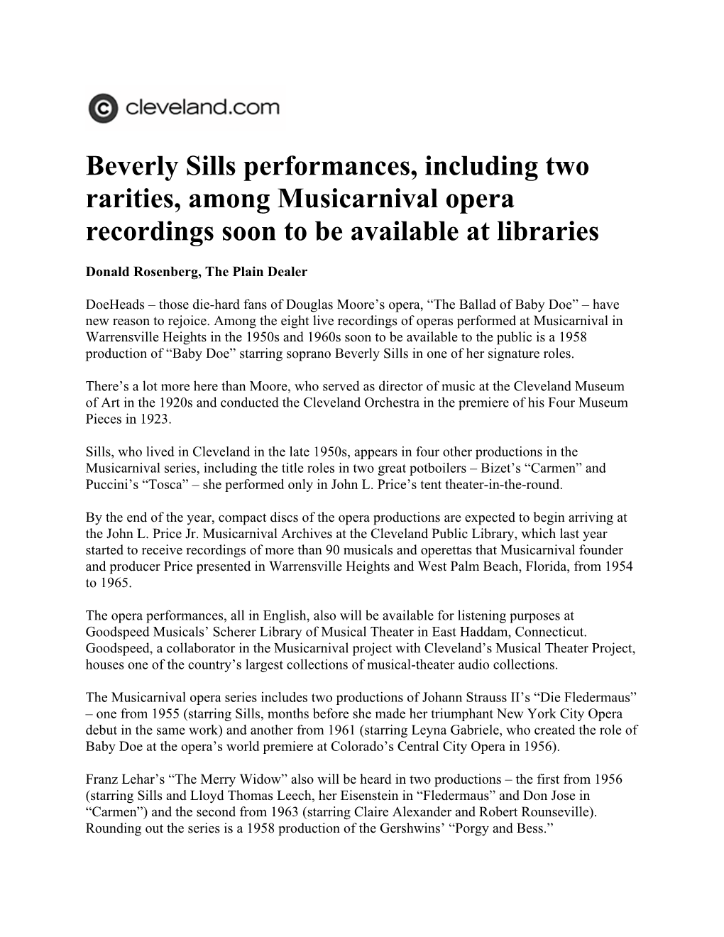 Beverly Sills Performances, Including Two Rarities, Among Musicarnival Opera Recordings Soon to Be Available at Libraries