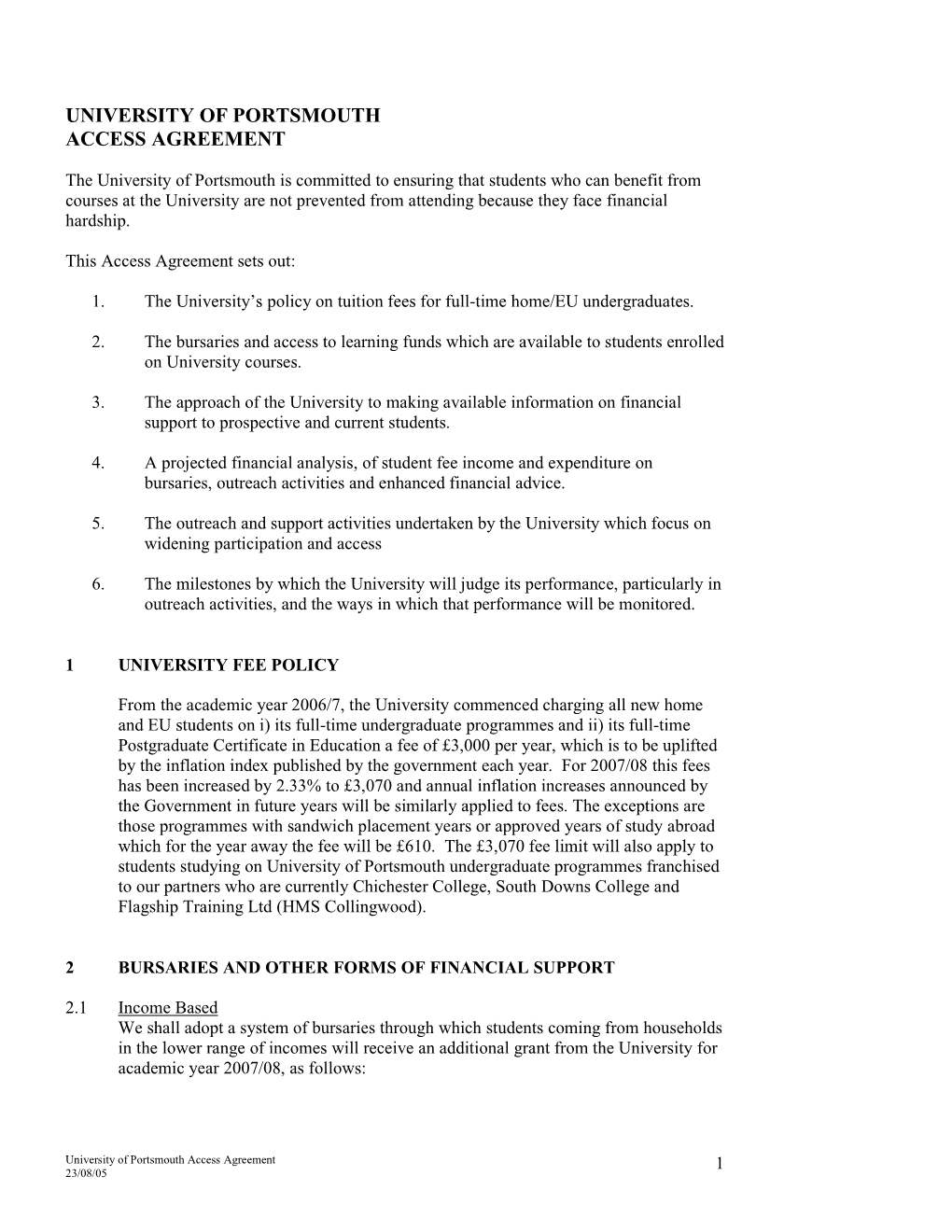 University of Portsmouth Access Agreement