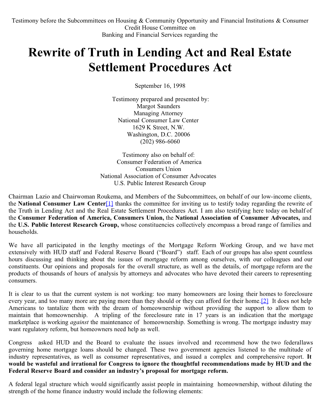 Rewrite of Truth in Lending Act and Real Estate Settlement Procedures Act