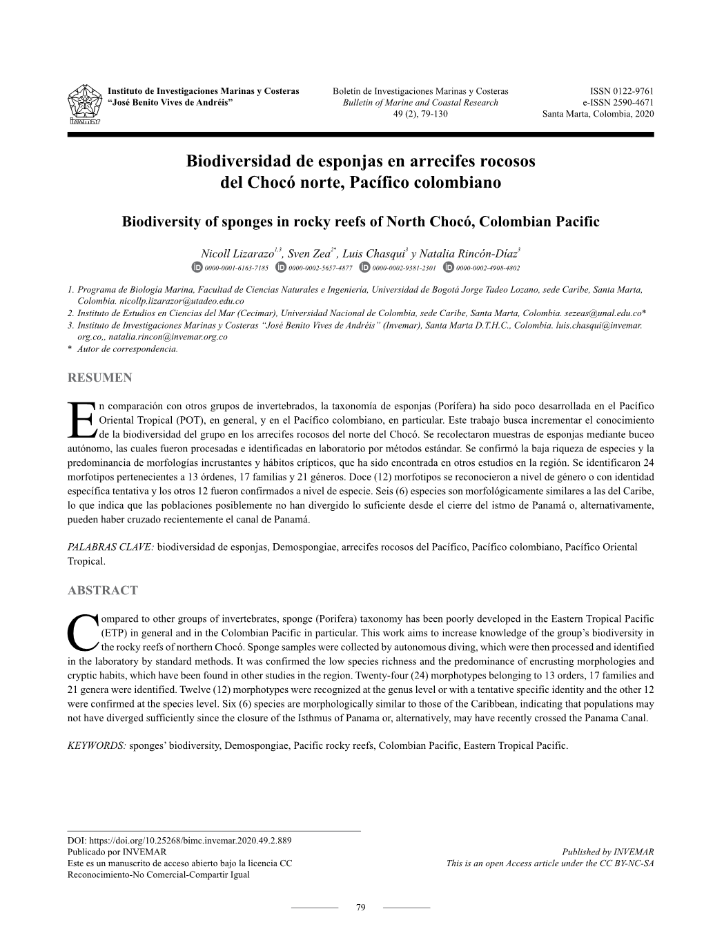 Biodiversidad De Esponjas En Arrecifes Rocosos Del Chocó Norte, Pacífico Colombiano