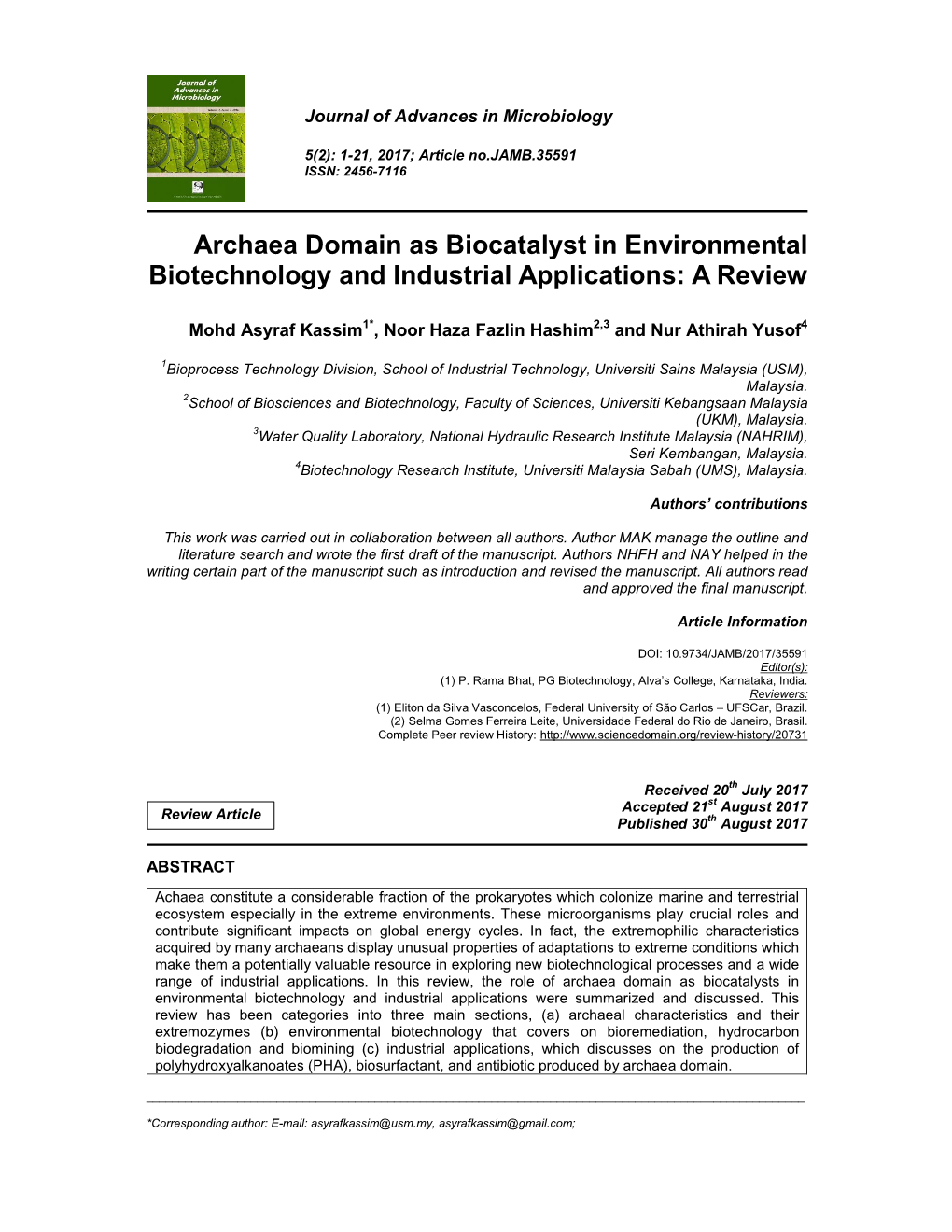 Archaea Domain As Biocatalyst in Environmental Biotechnology and Industrial Applications: a Review