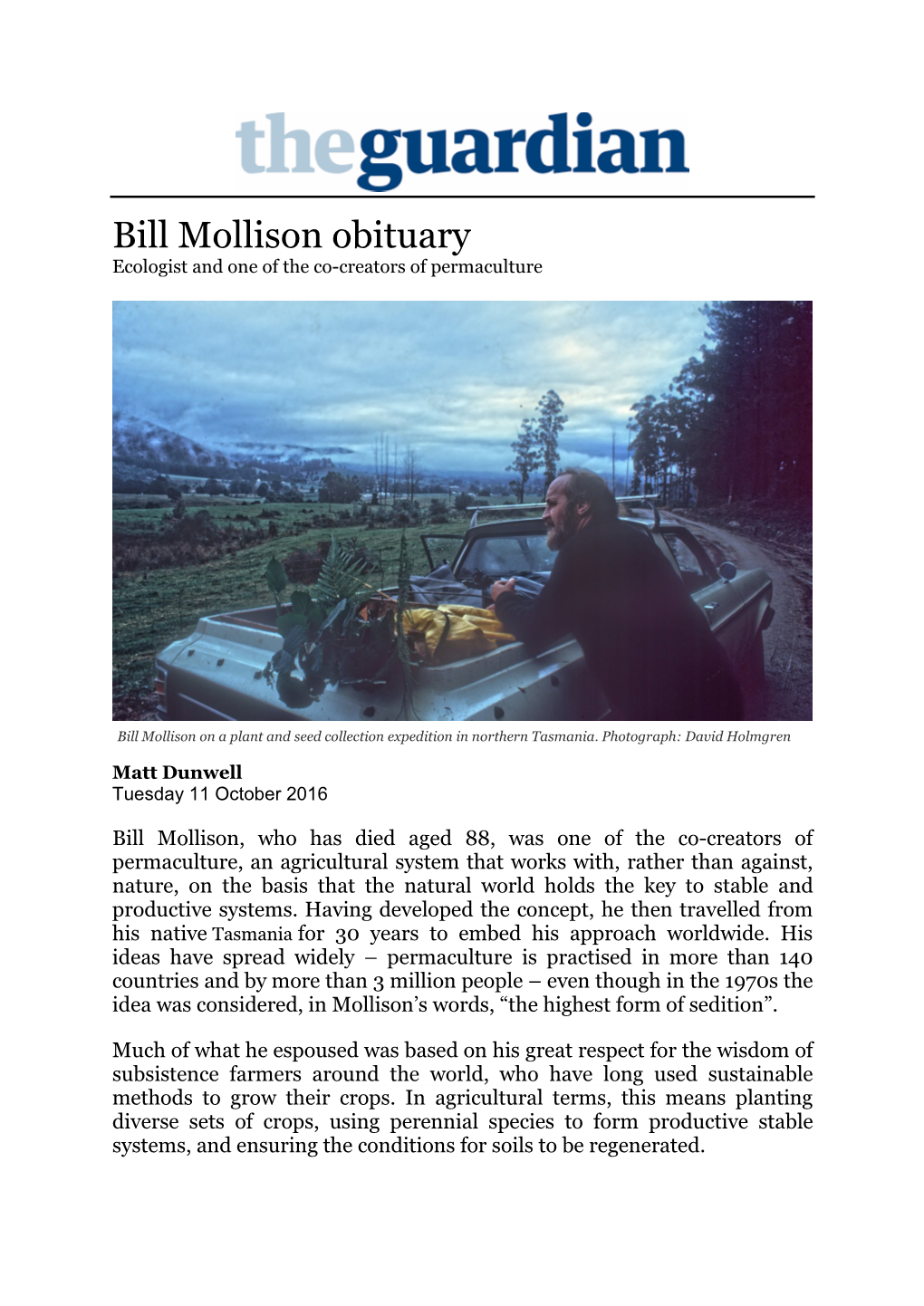 Bill Mollison Obituary Ecologist and One of the Co-Creators of Permaculture