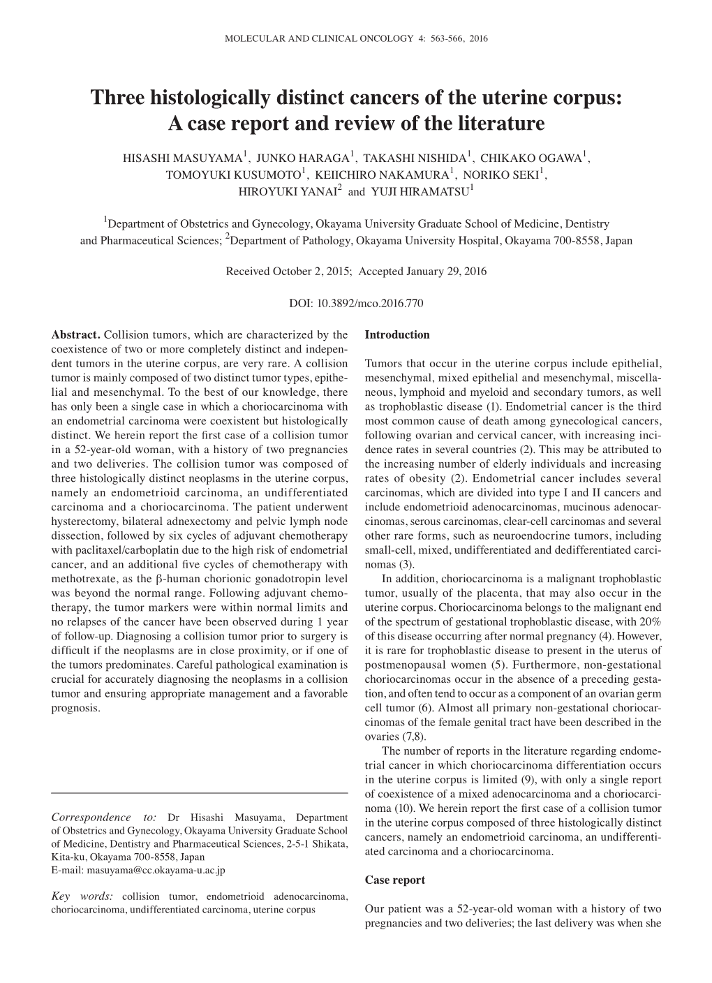 Three Histologically Distinct Cancers of the Uterine Corpus: a Case Report and Review of the Literature