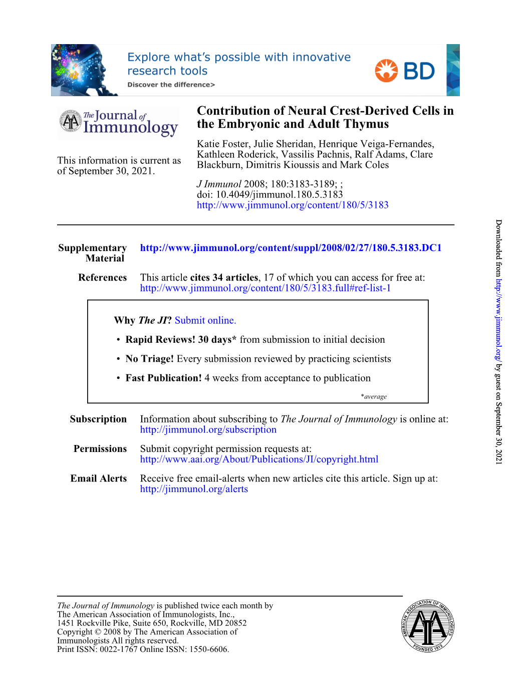 The Embryonic and Adult Thymus Contribution of Neural Crest-Derived Cells In