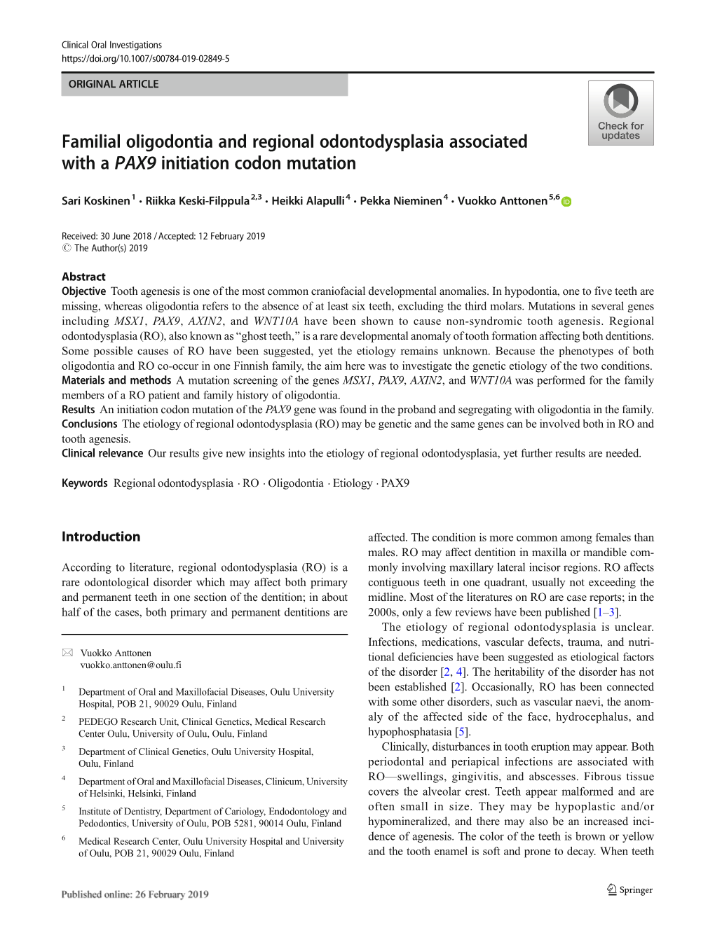 Familial Oligodontia and Regional Odontodysplasia Associated with a PAX9 Initiation Codon Mutation