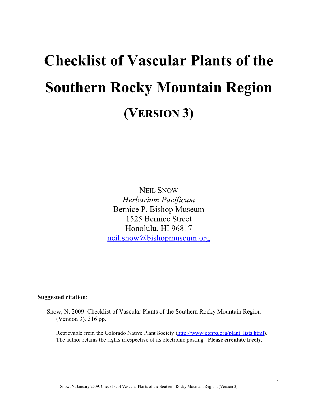 Checklist of Vascular Plants of the Southern Rocky Mountain Region