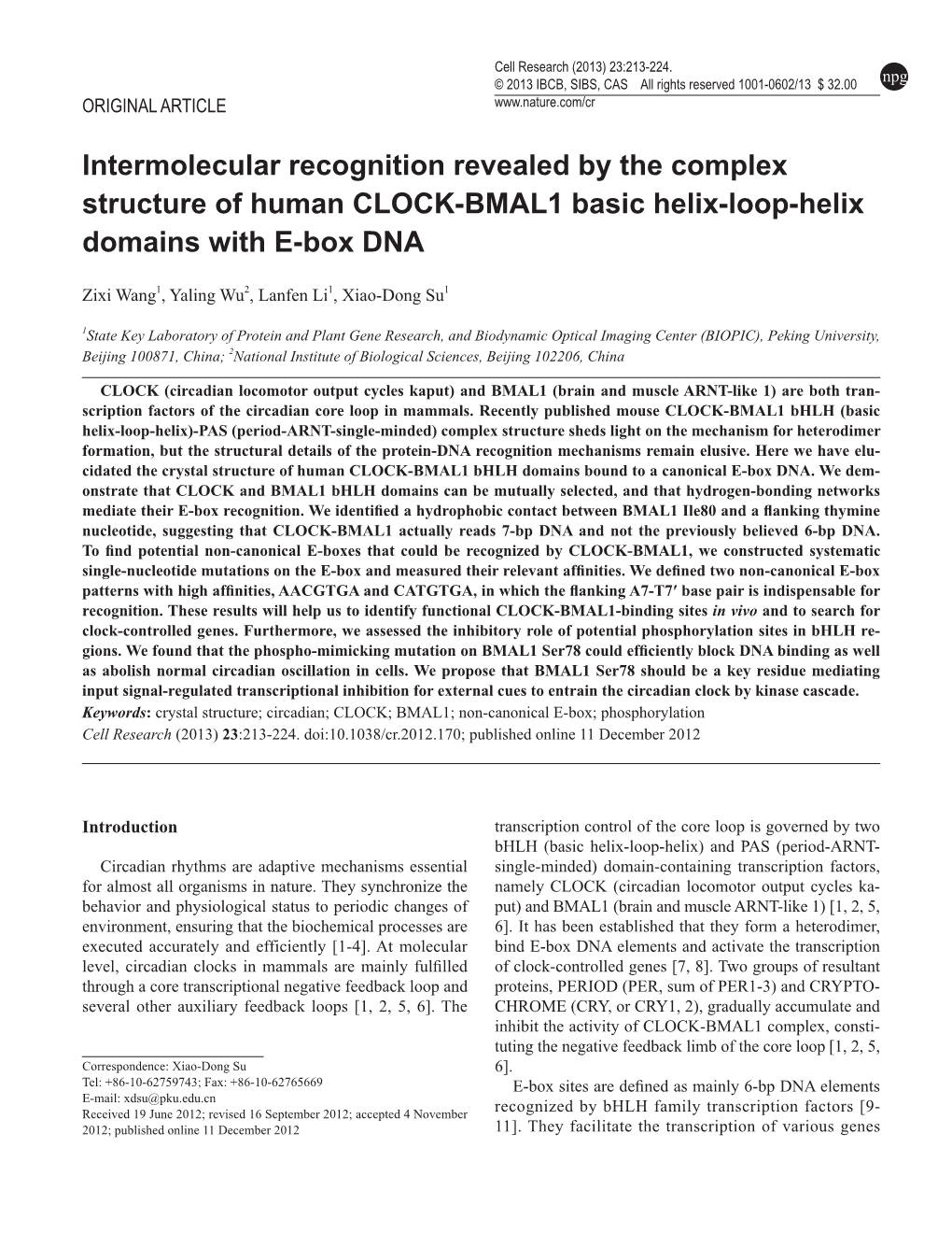 Intermolecular Recognition Revealed by the Complex Structure of Human CLOCK-BMAL1 Basic Helix-Loop-Helix Domains with E-Box DNA