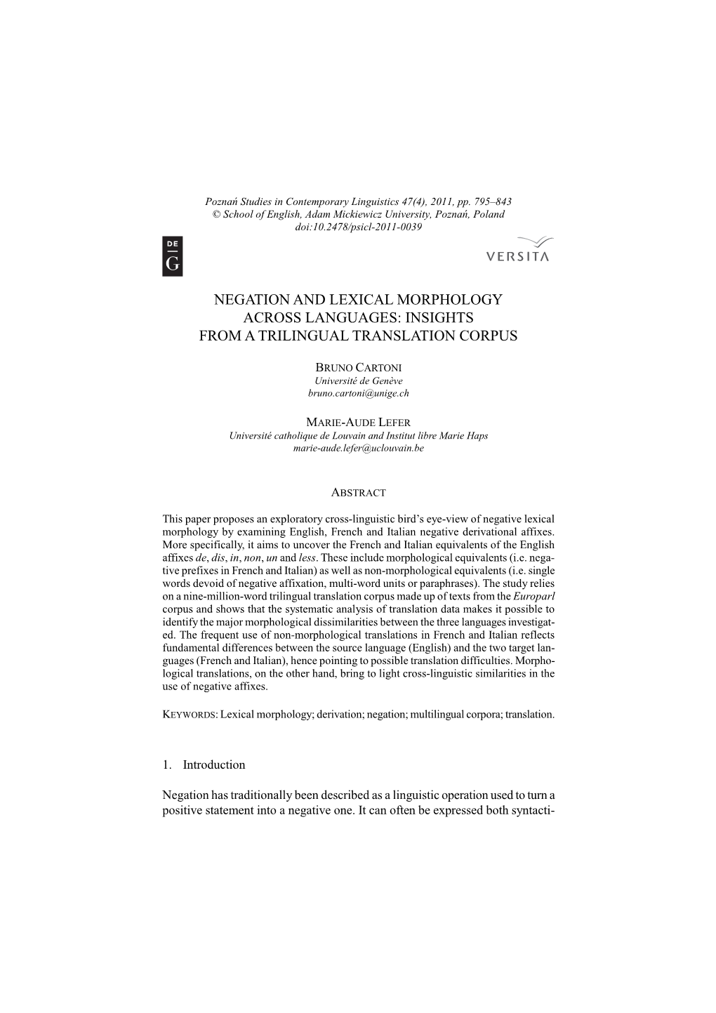 Negation and Lexical Morphology Across Languages: Insights from a Trilingual Translation Corpus