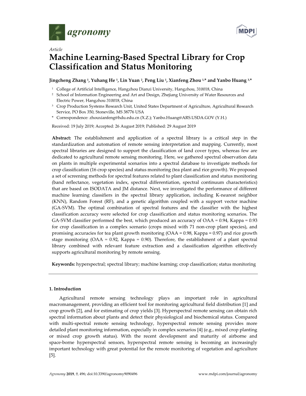 Machine Learning-Based Spectral Library for Crop Classification and Status Monitoring