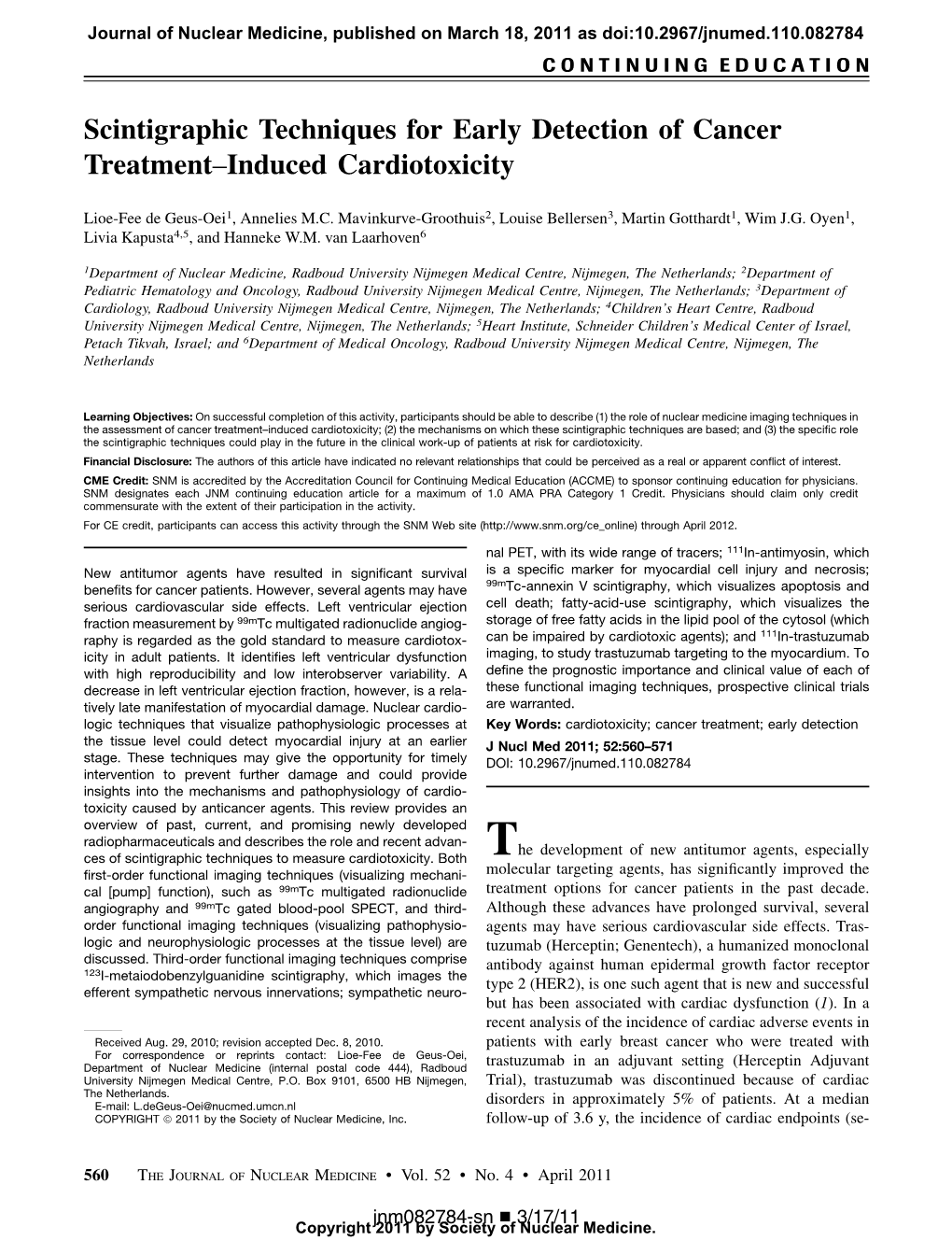 Scintigraphic Techniques for Early Detection of Cancer Treatment–Induced Cardiotoxicity