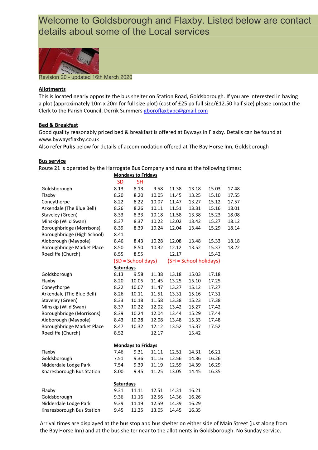 Welcome to Goldsborough and Flaxby. Listed Below Are Contact Details About Some of the Local Services